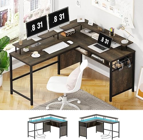Escritorio industrial en forma de L con toma de corriente, escritorio de oficina en casa con 3 estantes de almacenamiento de cubículos, escritorio