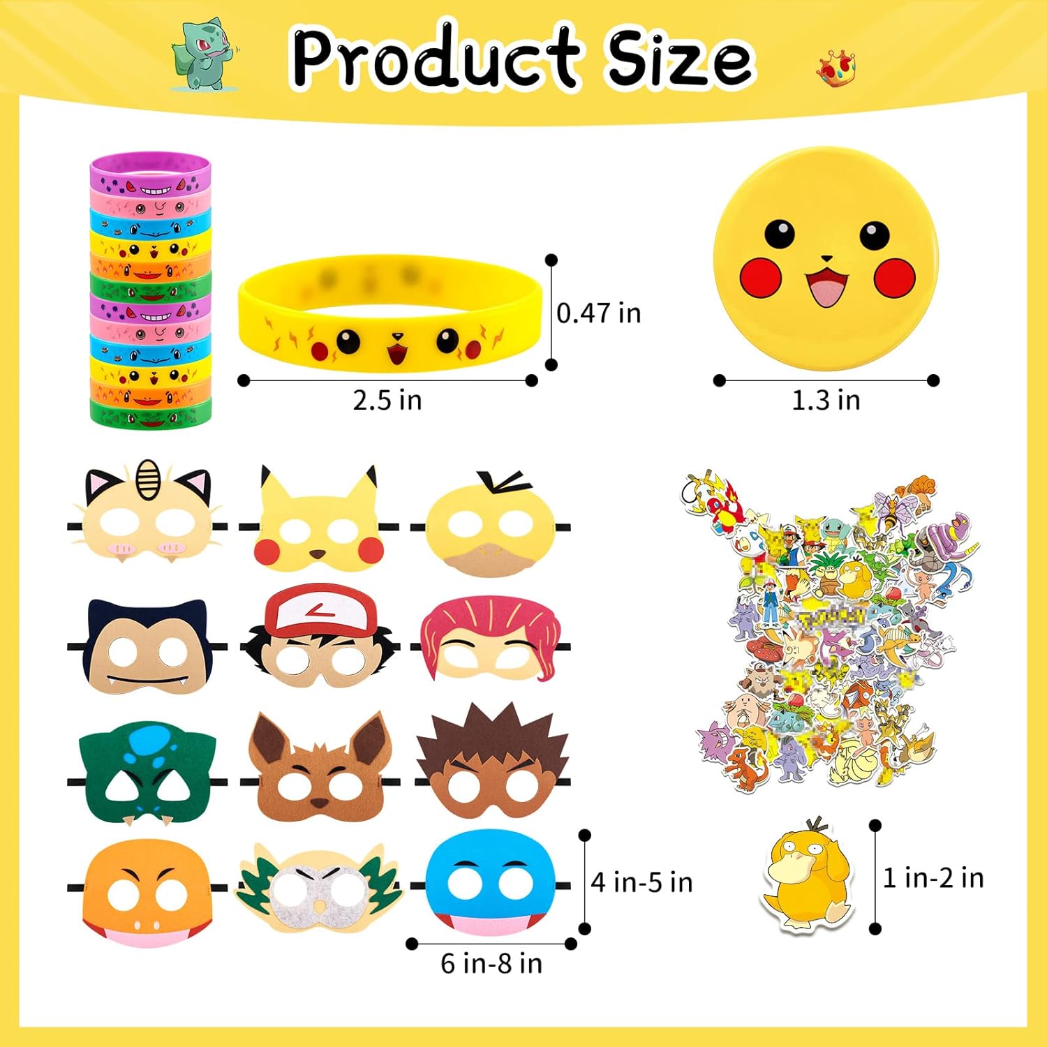 Ainvliya 86 Pcs Pocket Monster Party Favors, Include 12 Cute Wristbands, 12 Cartoon Masks, 12 Button Pins, 50 Stickers, Birthday Party Supply, Halloween Christmas Gifts, Carnival Prizes for Kids : Toys & Games
