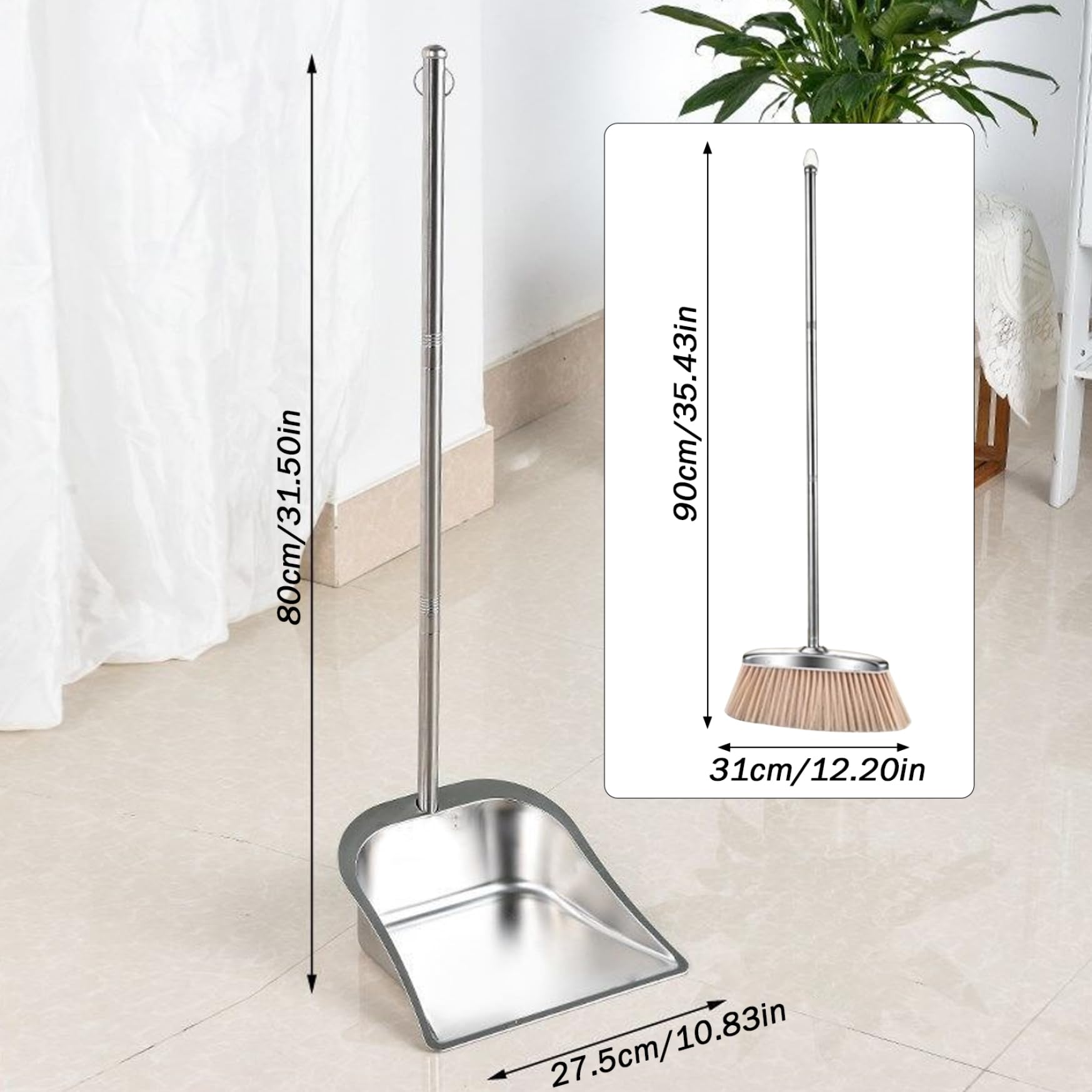 Juegos de recogedor y Cepillo Recogedor y Cepillo de Mango Largo de Acero Inoxidable Barrido Vertical Resistente con aro Colgante para Limpieza Interior del hogar Forma Cuadrada