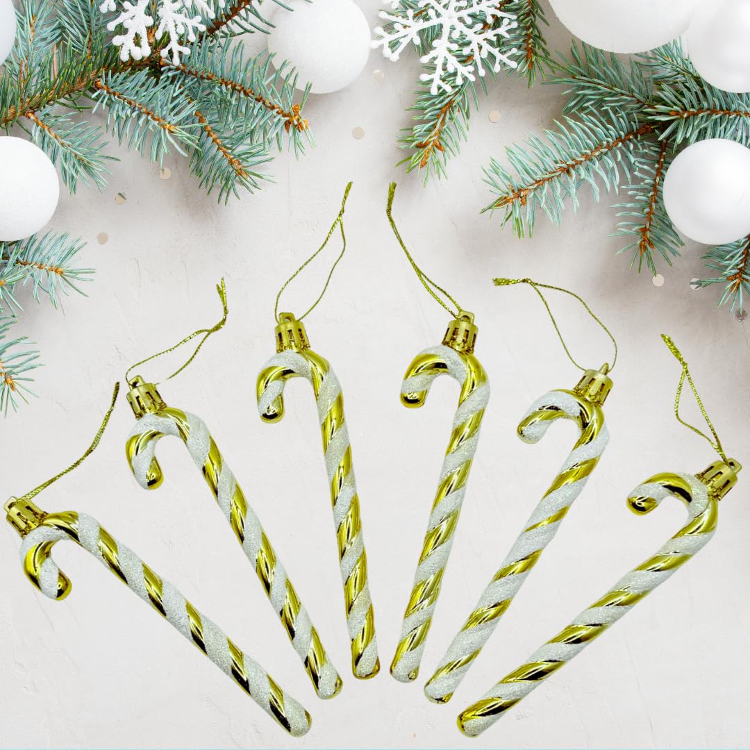 Glitter Candy Cane –Christmas Tree Hanging Decoration Bauble Xmas Ornament Pack of 6-13cm (Gold)