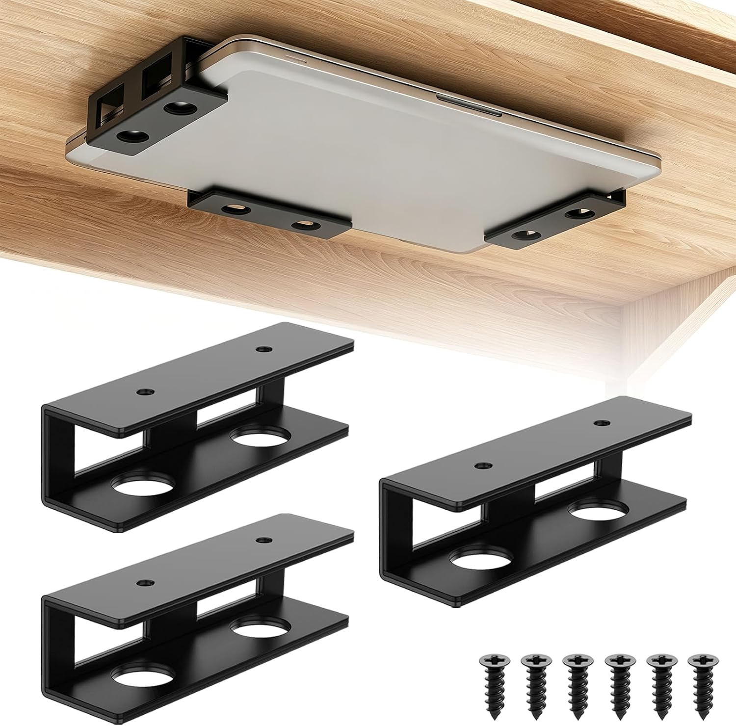 3 PCS Under Desk Laptop Mount with Anti-Scratch Felt Board Durable Under Desk Laptop Holder Tray Under Desk Shelf for Laptop Thick up to 1.15”