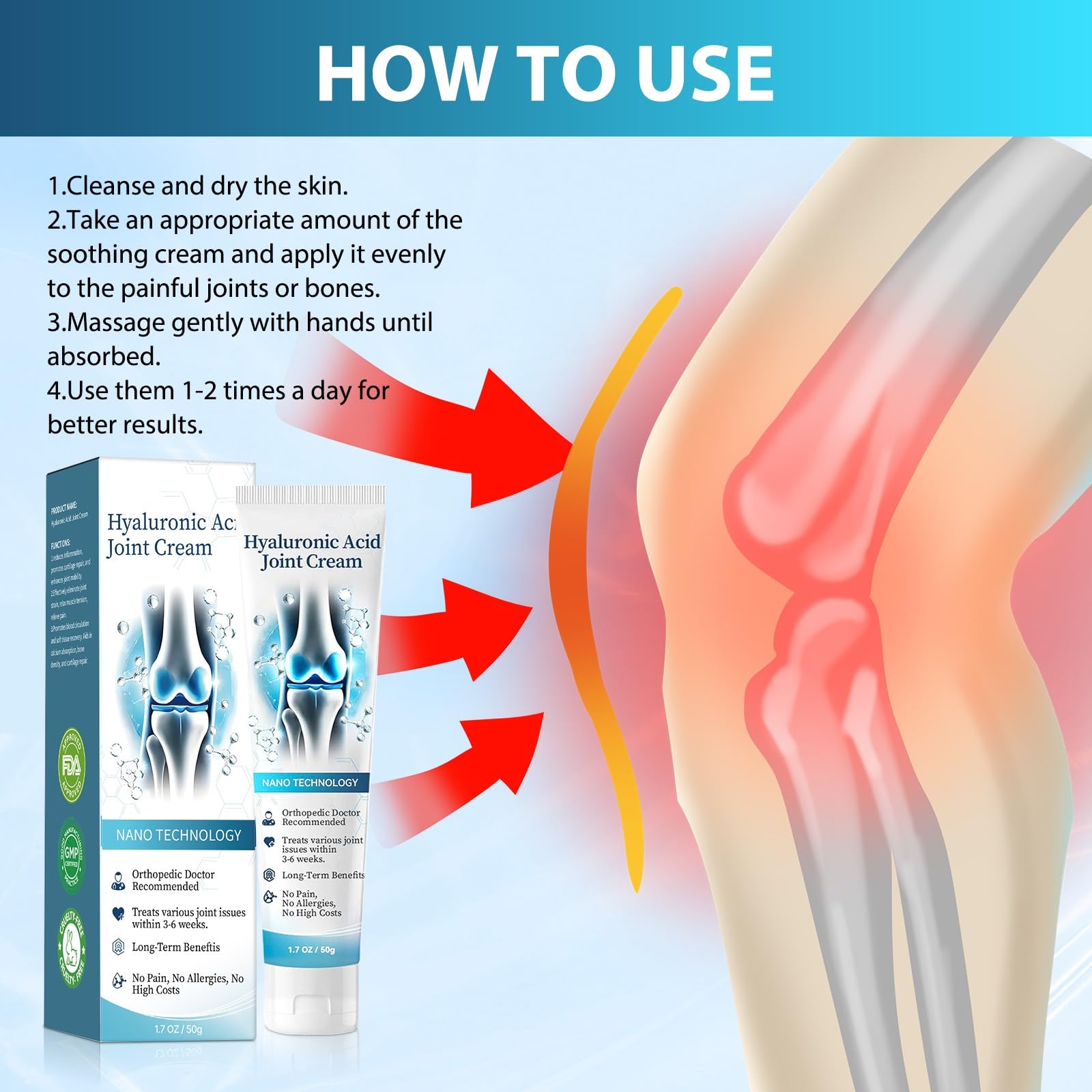 Hyaflexa Hyaluronic Acid Joint Cream, Hyaluronic Acid, Joint Cream, Suitable for Back, Neck, Hands, Feet, Joints and Knees (3PC) — view 6