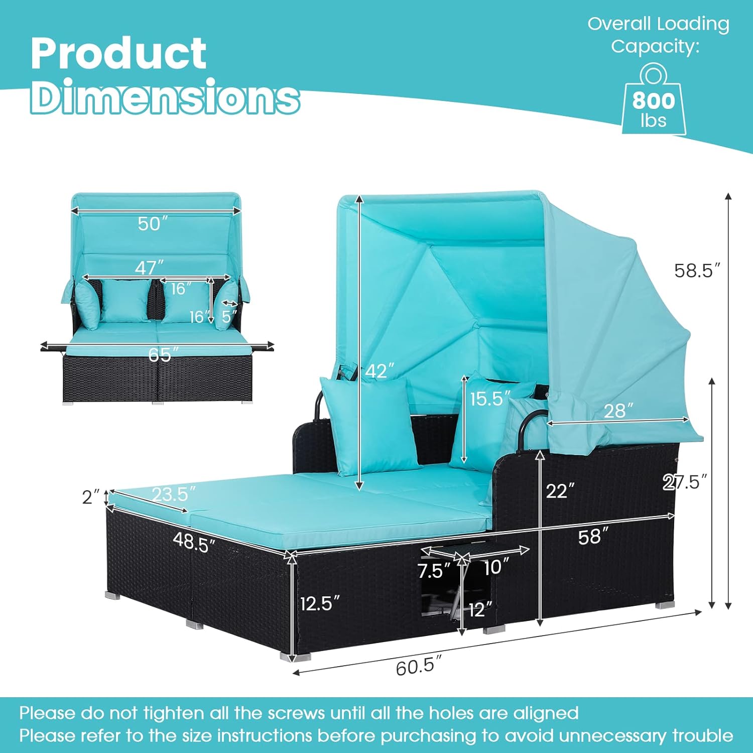 Diagram showing product dimensions and overall loading capacity of 800 lbs