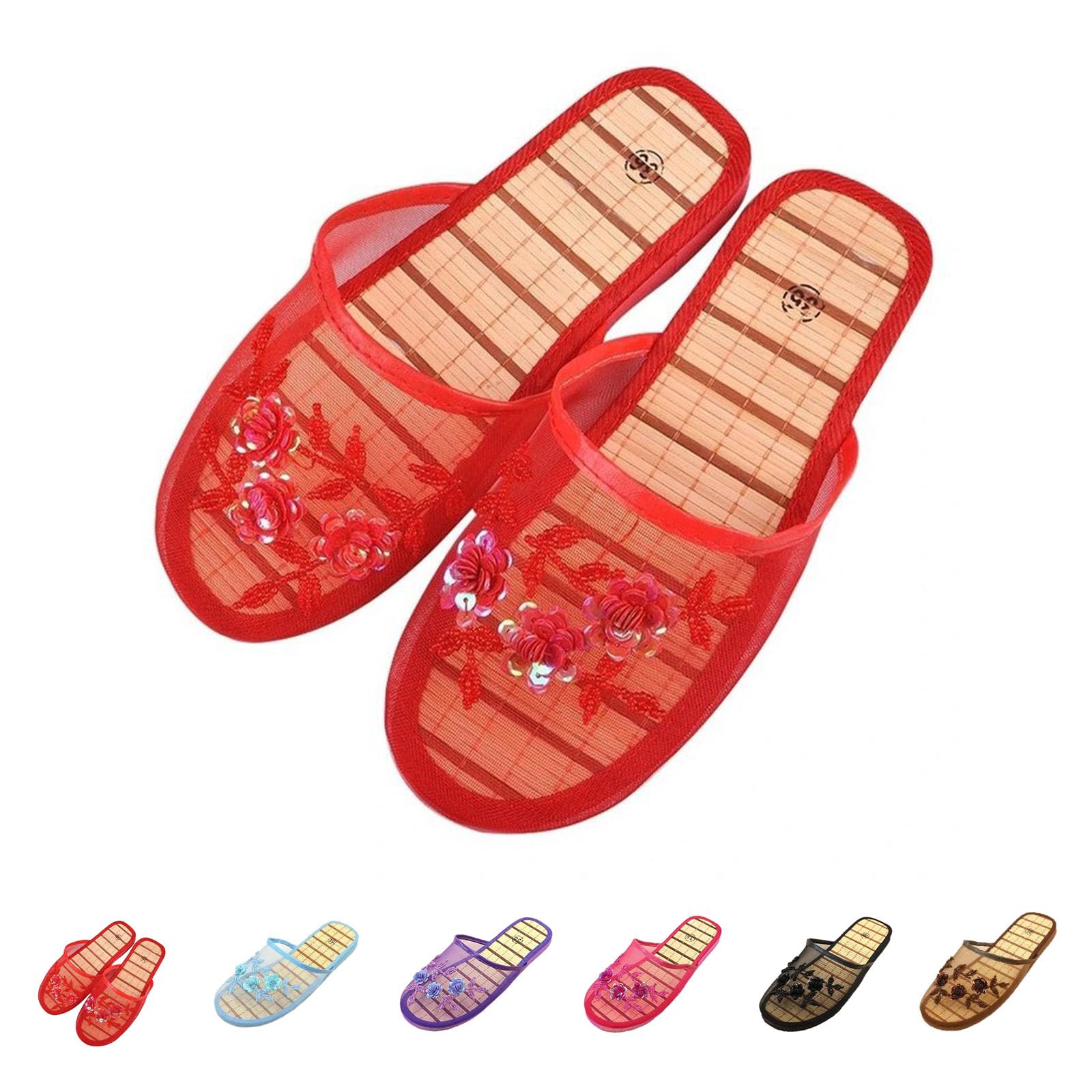 Chinese Slippers For Women, Chinese Mesh Floral Slippers, Breathable Mesh Bamboo Flats Slippers Sandal