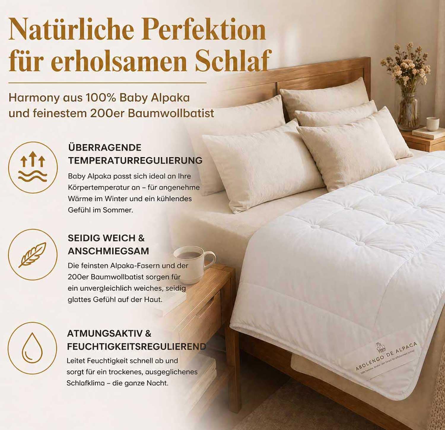 Alpaka Bettdecke 4 Jahreszeiten, Premium Line, Füllung aus 100% Baby Alpaka (200x200cm) 2 Decken zum zusammenknüpfen 1x Sommer und 1x Gzj, Bezugsstoff: 200er Baumwollbatist