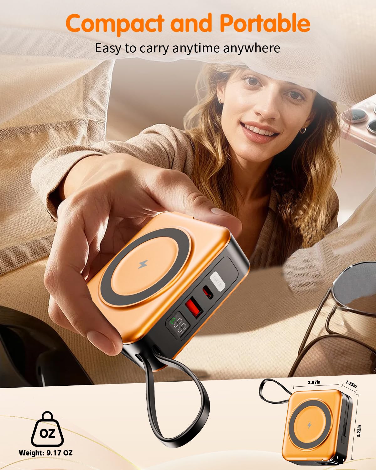 6-in-1 for Magsafe Portable Charger with Built-in Cables & Wall Plug,10000mAh Magnetic Wireless Power Bank,22.5W Fast Charging USB C Battery Pack,Travel Essentials for iPhone 17/16/15/14/13/12,Orange - 5