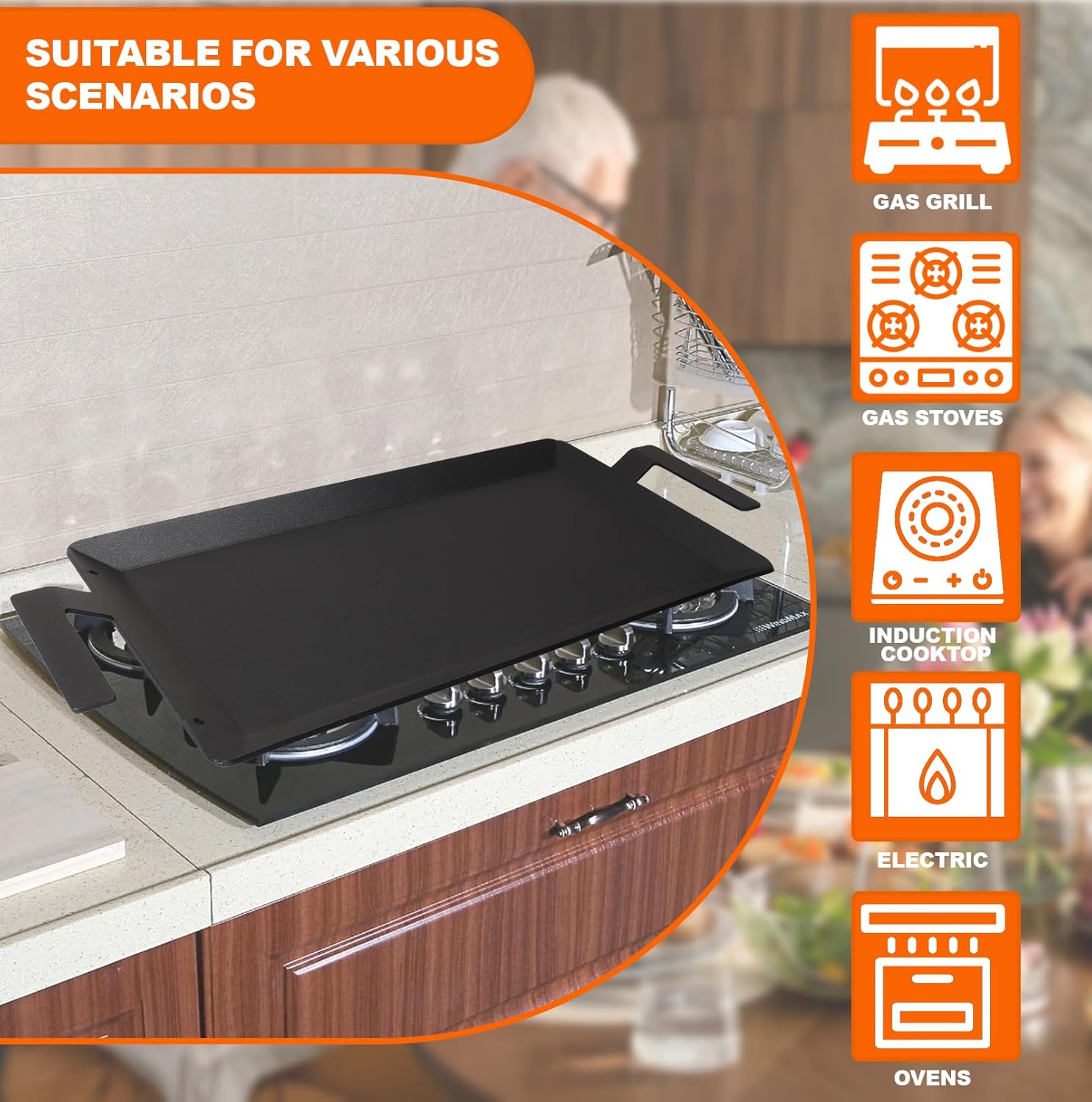 Carbon Steel Griddle for Induction Griddle, Gas Grill, Stove Top, Electric, Oven - 24" x 10" Professional Cookware for Cooktop, Double Burner NonStick Griddle Pan