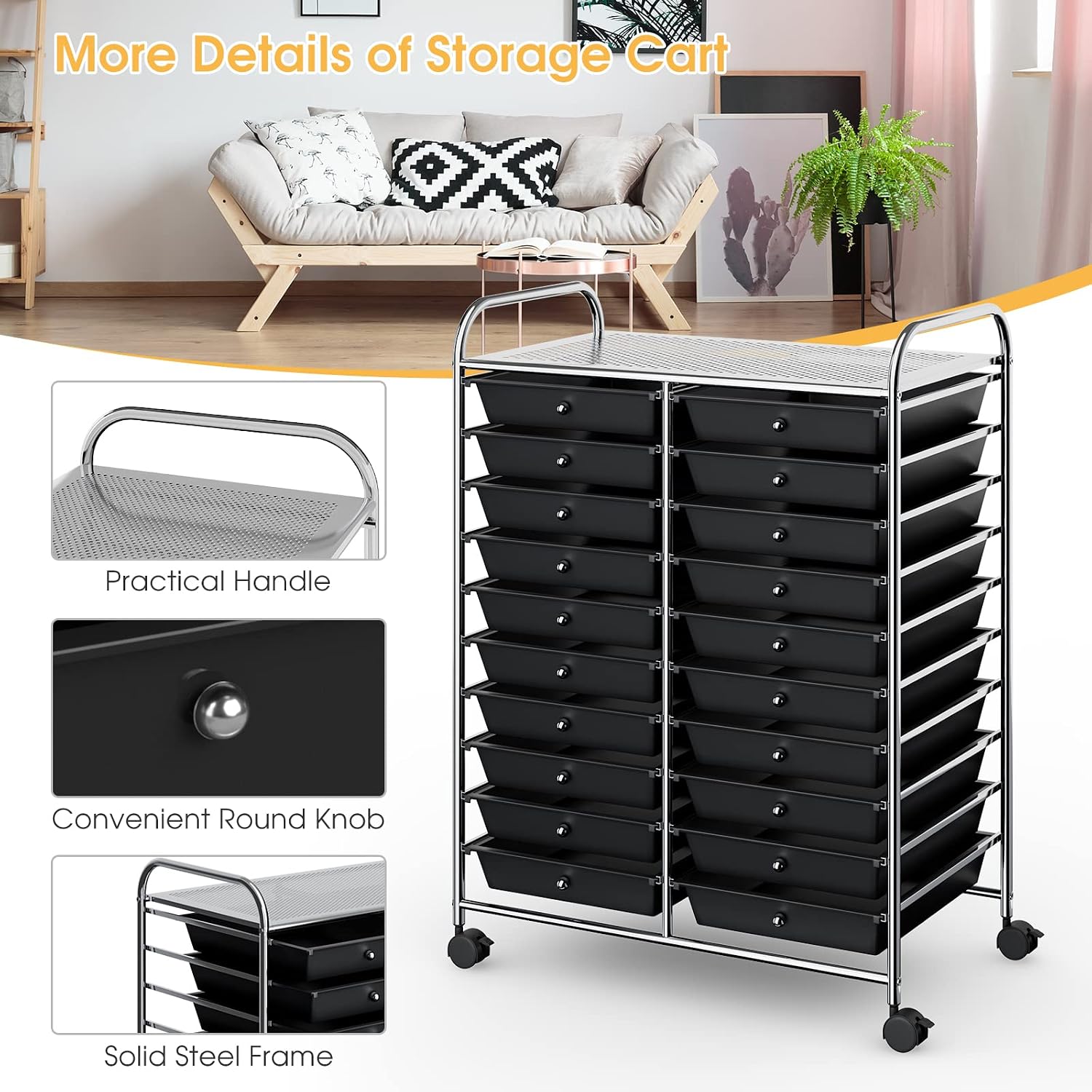 LDAILY 20-Drawer Rolling Storage Cart, Rolling Storage Cart, Storage Organizer on Wheels, Metal Frame, Scrapbook Paper Tools, Suitable for Office School, Classroom (Black, 20 Drawer)