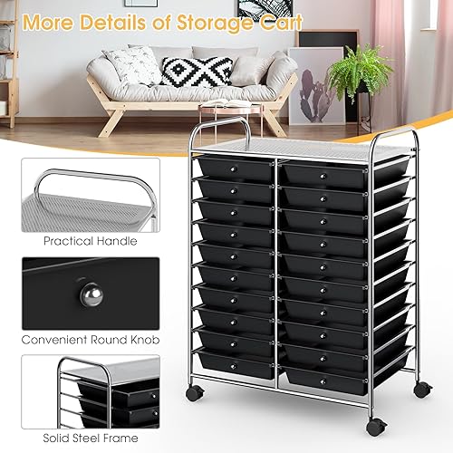Miniatura 7 de SILKYDRY Carrito de almacenamiento con ruedas de 20 cajones, organizador de arte sobre ruedas, marco de metal y cajones extraíbles, carrito móvil