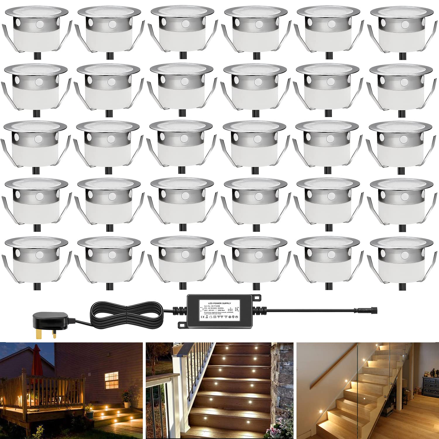 Chnxu Warm White Low Voltage Outdoor Led Decking Lights 30Mm Recessed Garden Lights Waterproof Ip67 Deck Lighting Kits For Kitchen Plinths Bathroom, Patio Deck Yard Garden (30 Pack, )
