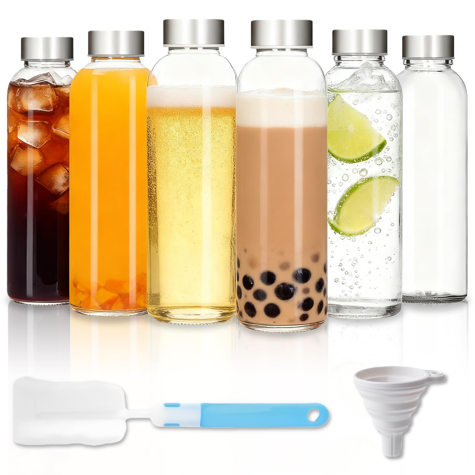 MEETOZ Glass Water Bottles with Lids 6 Pack 500ml Reusable Juice Bottles With Airtight Leakproof Metal Lids Drinking Bottle for Sauce jar,Milk,Juice,Work, Gym Cleaning Brush and Funnel