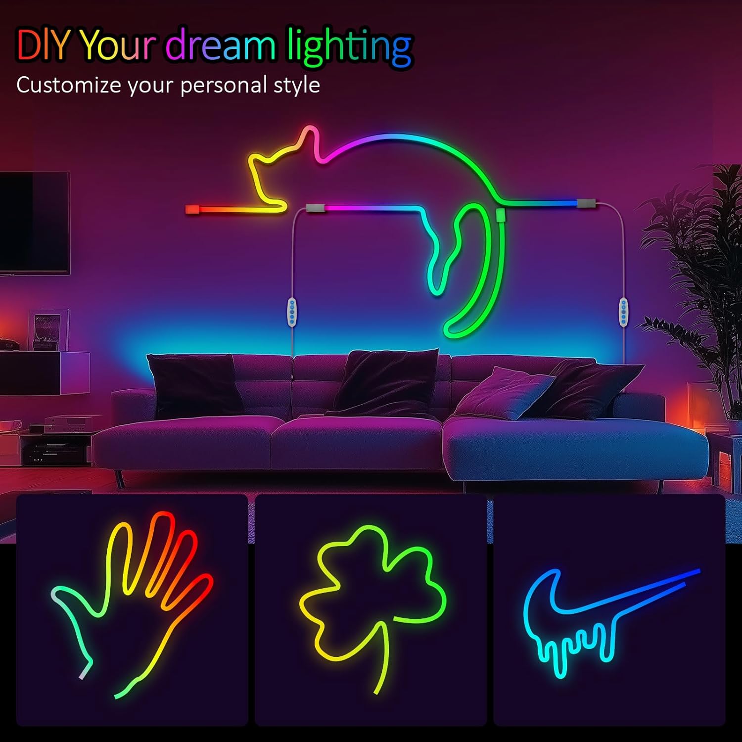 Neon Rope Lights - 6.4ft RGB LED Strip with App Control, Music Sync, Flexible DIY Design, 5V Neon Lights for Bedroom, Living Room, Gaming, and Party Decoration (6.4FT)