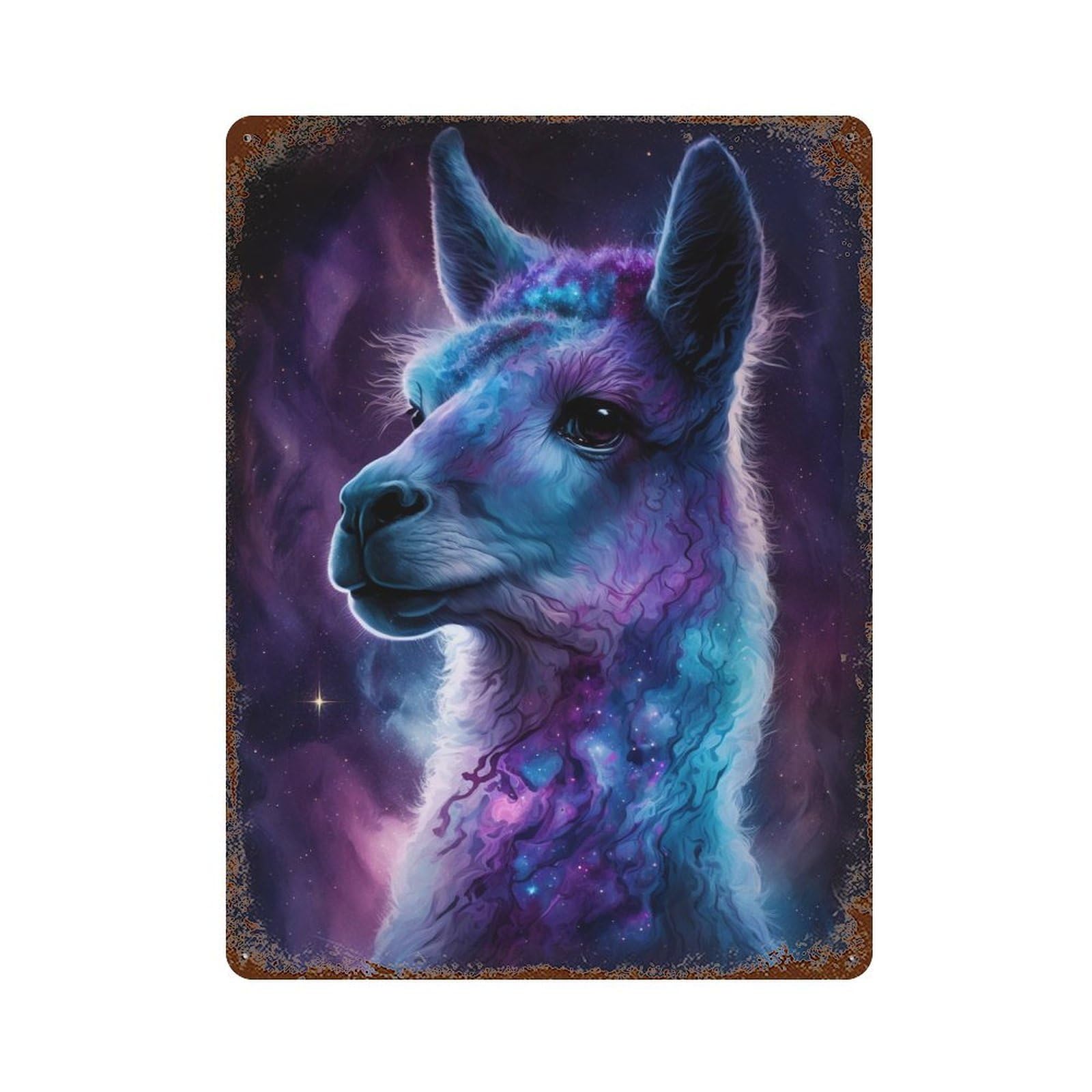 Garage Style Cosmic Llama Portrait-9 Aged Metal Wall Plaque 15.7"x11.8", Novelty Wall Decor for Bar And Workshop