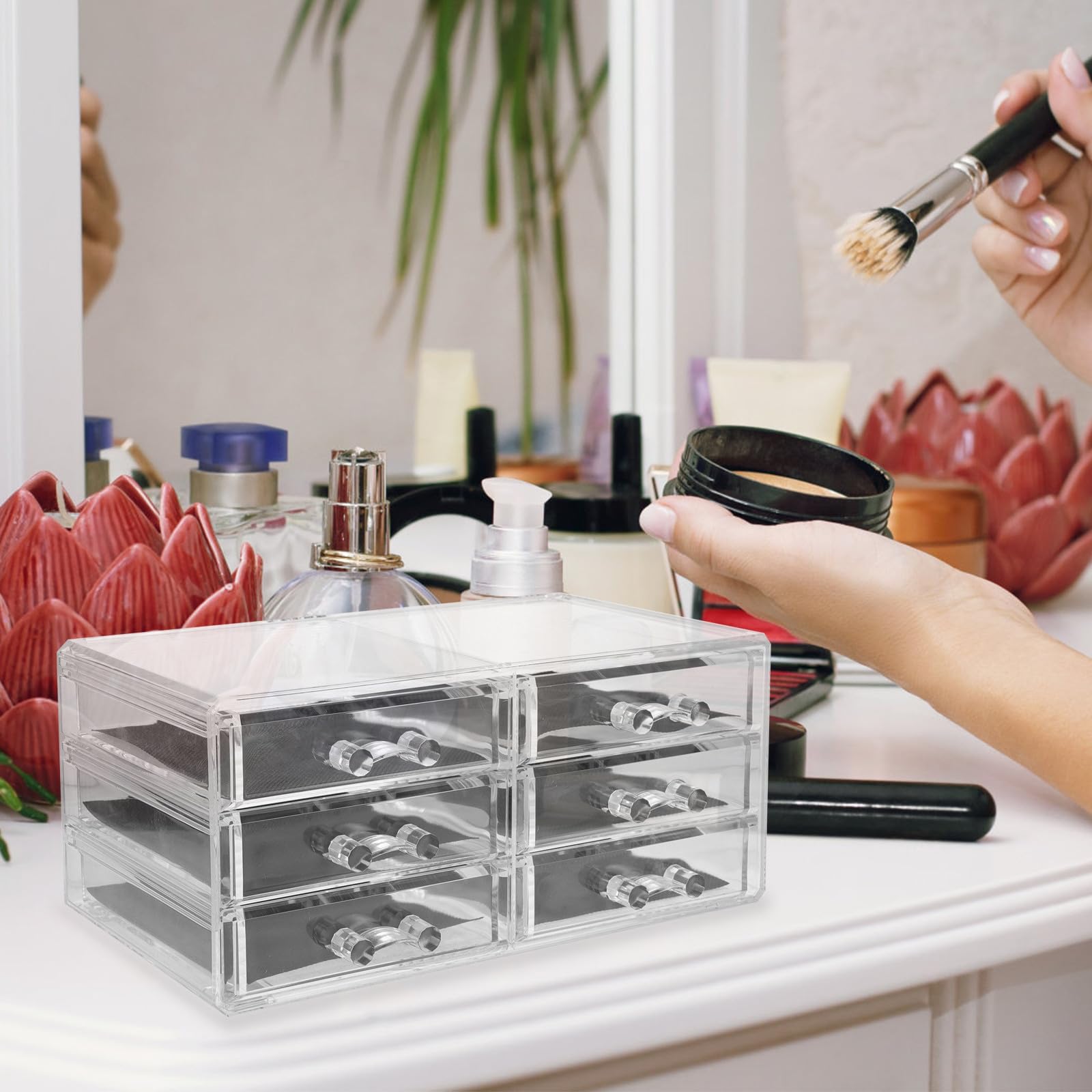 Organizzatore per Trucchi Acrilico Trasparente 3 Cassetti, Grande Capacità, Portatile per Conservare Cosmetici e Strumenti, Elegante e Funzionale per Bagno o Vanity