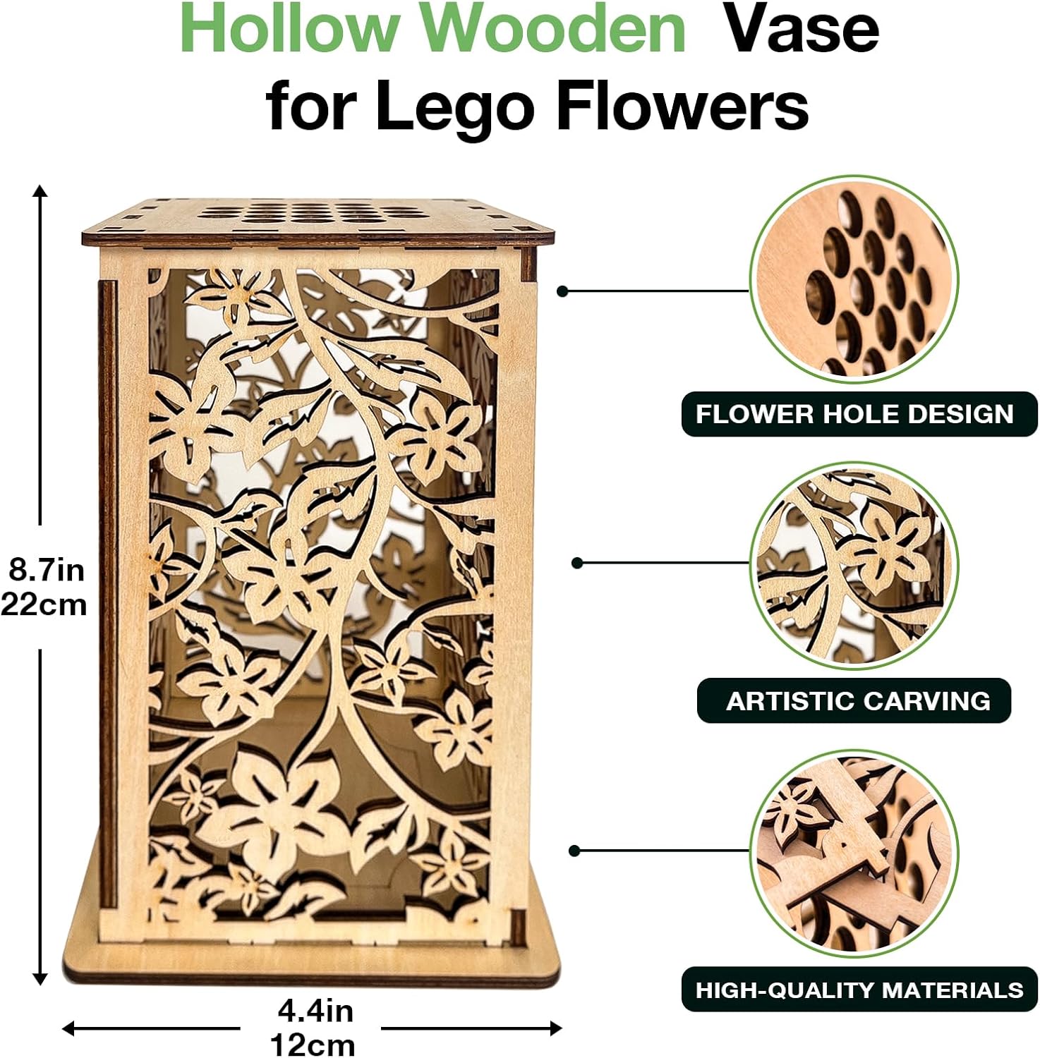 Wooden Vase for Lego Flowers, Display Stand for Lego Flower, Cool Artistic Carving Vase with Hollow Flower Pattern for Flower Lovers (Wood)