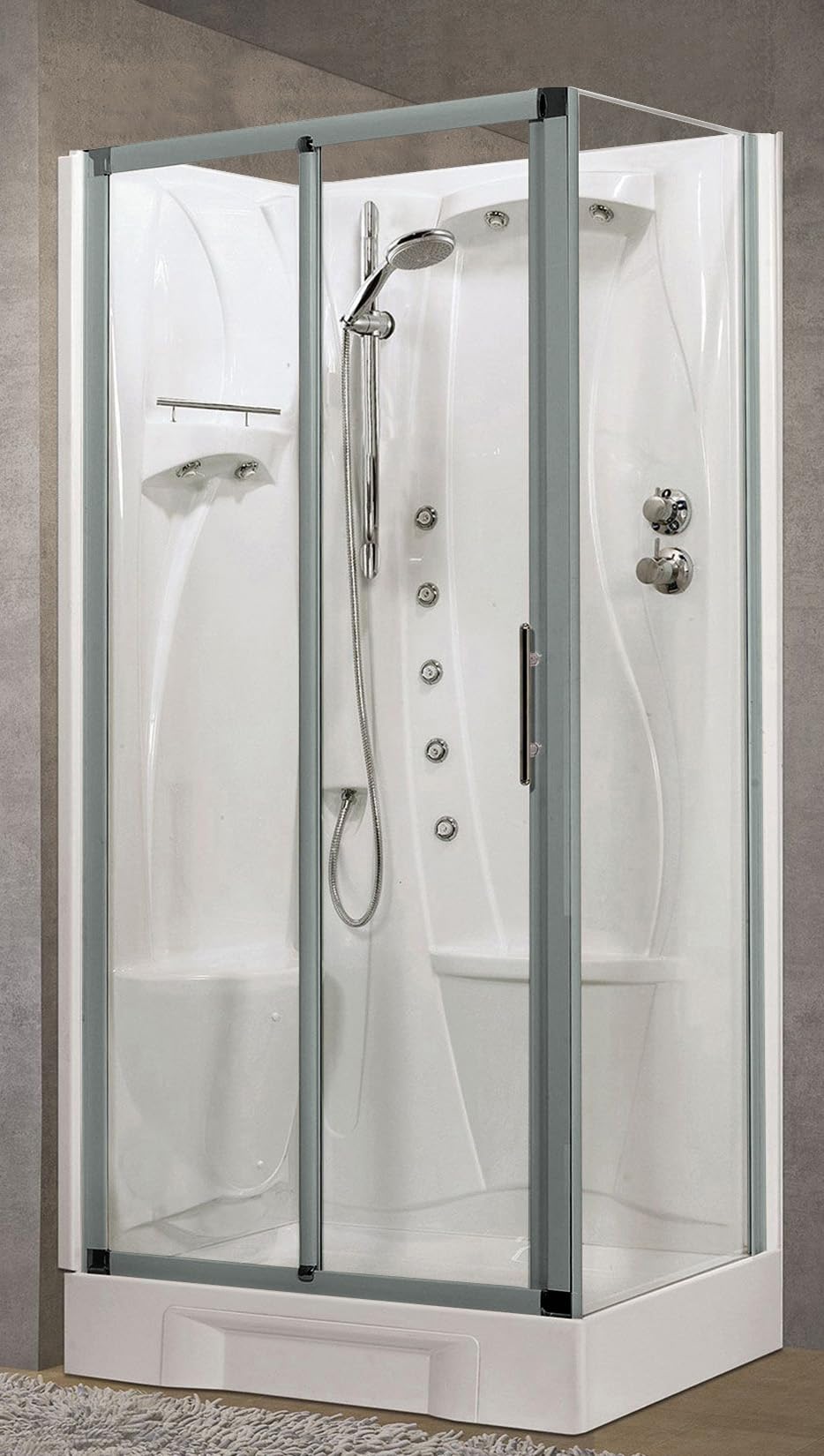 Novellini New Holiday 2P+F Idromassaggio 100x70 cm Cabina Doccia Multifunzione Apertura 1 Anta Scorrevole Seduta Sinistra Miscelatore Termostatico Vetro Trasparente Profilo Silver Doccetta Alto 206cm