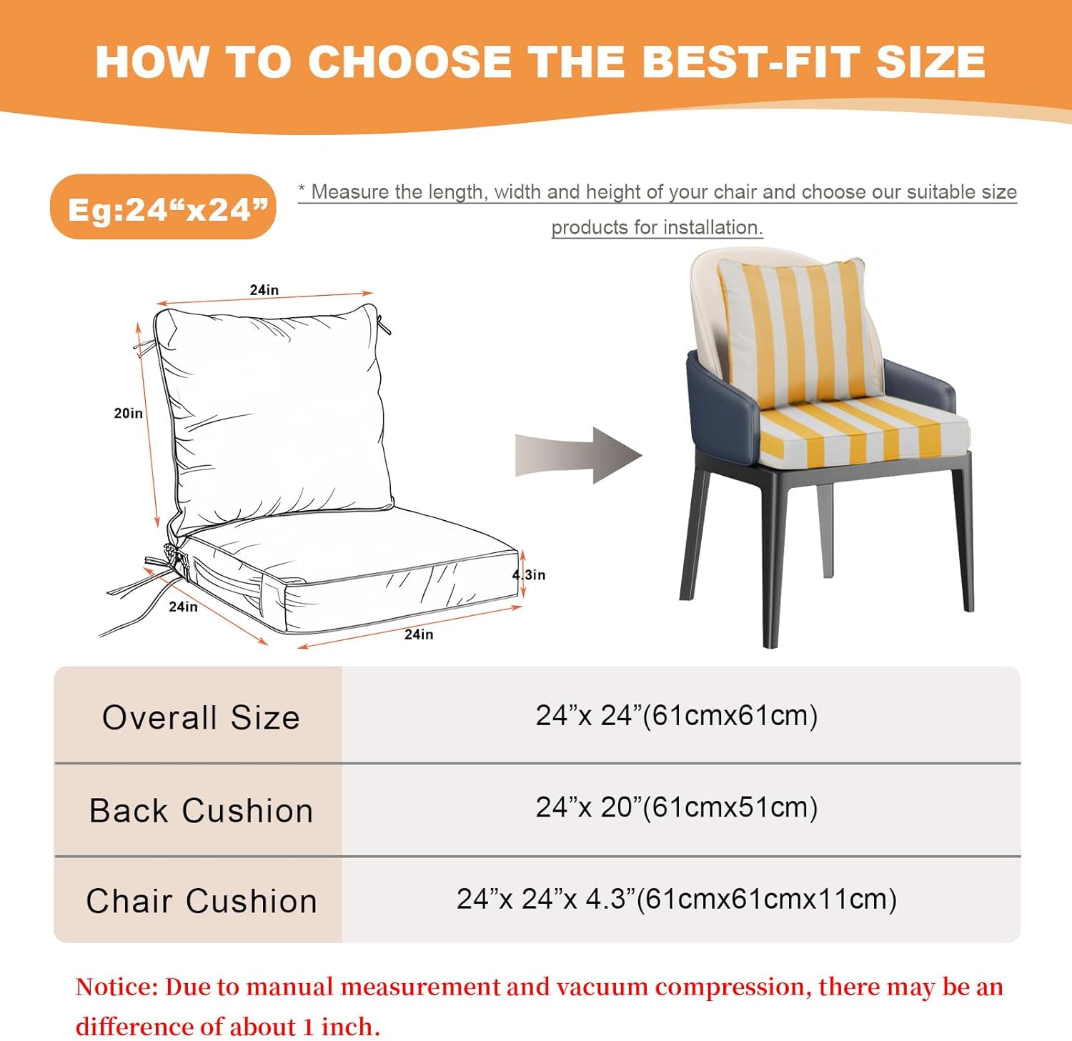 Outdoor Deep Seat Cushion Set of 2 - 24 x 24 Inch Waterproof Fade-Resistant Patio Furniture Cushions with Removable Covers, Adjustable Straps and Handles for Chairs, Sofa, Couch (Yellow White Stripes)
