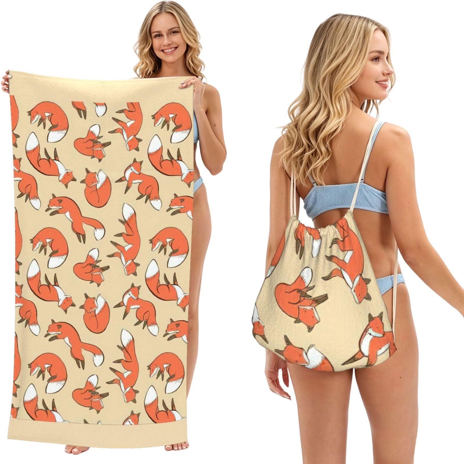 aacxzff Many foxes Print 2 in 1 Packable Towel Bag, Drawstring Beach Towel Backpack,80x160cm for Beach trips