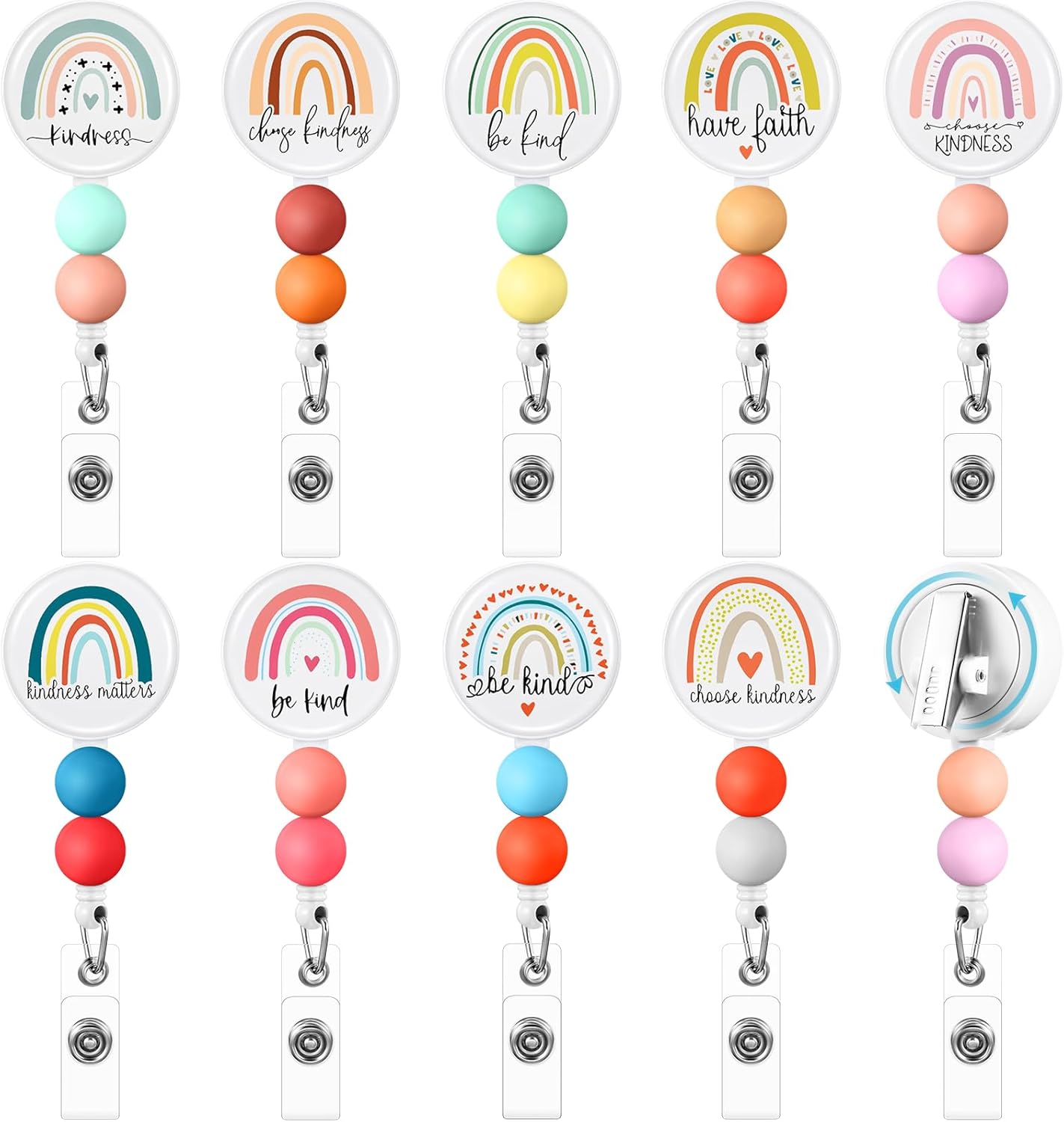 PerKoop 9 Pcs Be Kind Badge Reels Retractable with Silicone Beaded Beads, 360 Rotating Clip Cute Rainbow Badge Reels Holder ID Name Tags Keychain for Rn Nurses Student Teacher Office Gifts