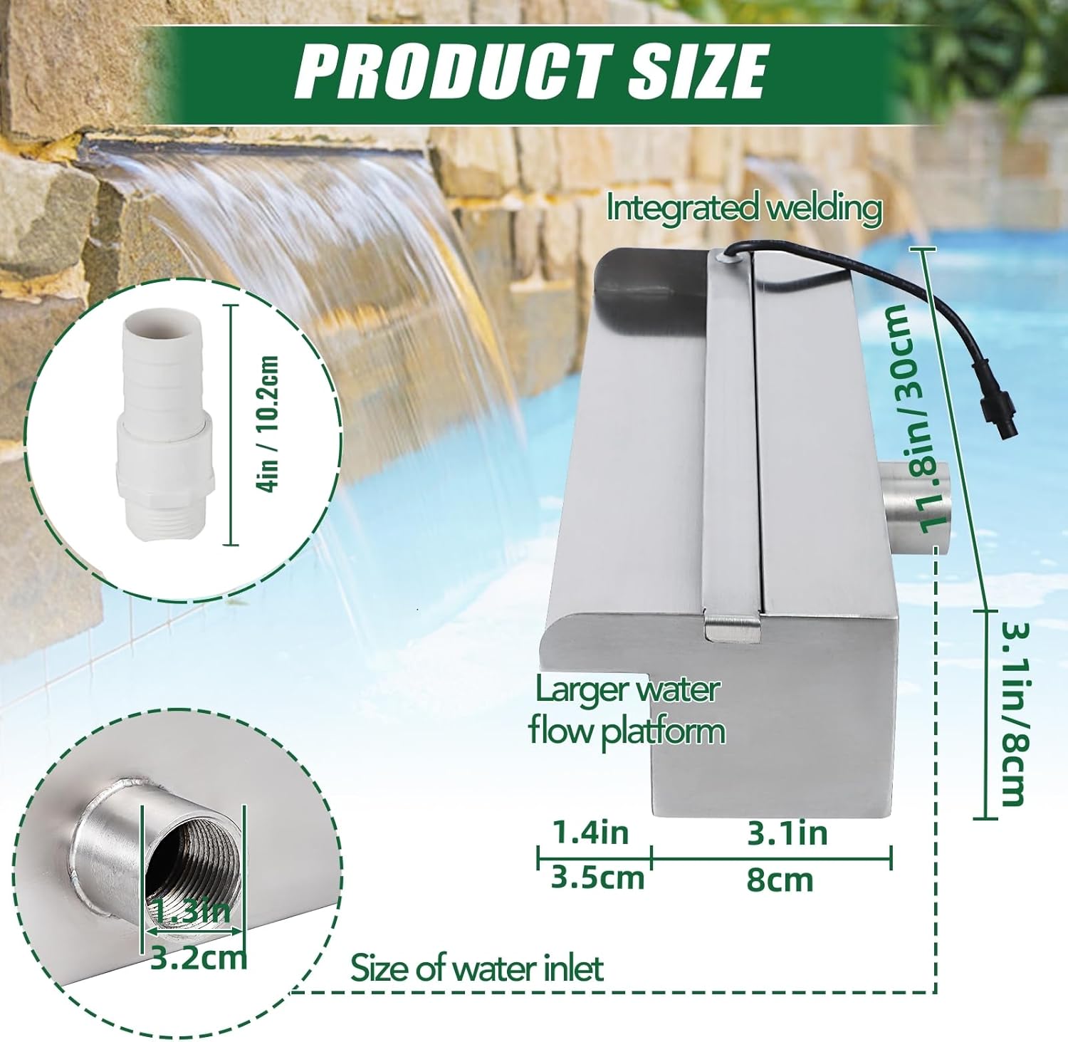 GarveeLife Pool Fountain Stainless Steel Pool Waterfall Spillway 11.8 in x 4.5 in x 3.1 in (W x D x H) with 9 Colors Led Strip Light for Garden Patio Swimming Pool Decoration
