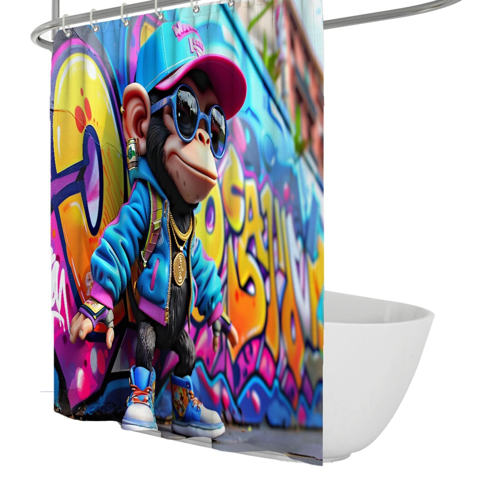 Urban Art Hip Hop Duschvorhang Modisch Lustig AFFE Muster Badezimmer Dekor Polyester Stoff wasserdichte Badevorhänge mit Haken 180 x 200 cm
