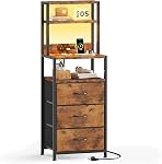 VERMESS Tall Nightstand with 3 Fabric Drawers, Bedside Table with Charging Station & LED Light, Side Table with Open Book Shelf, Small End Table for Bedroom, Chest of Drawers, White