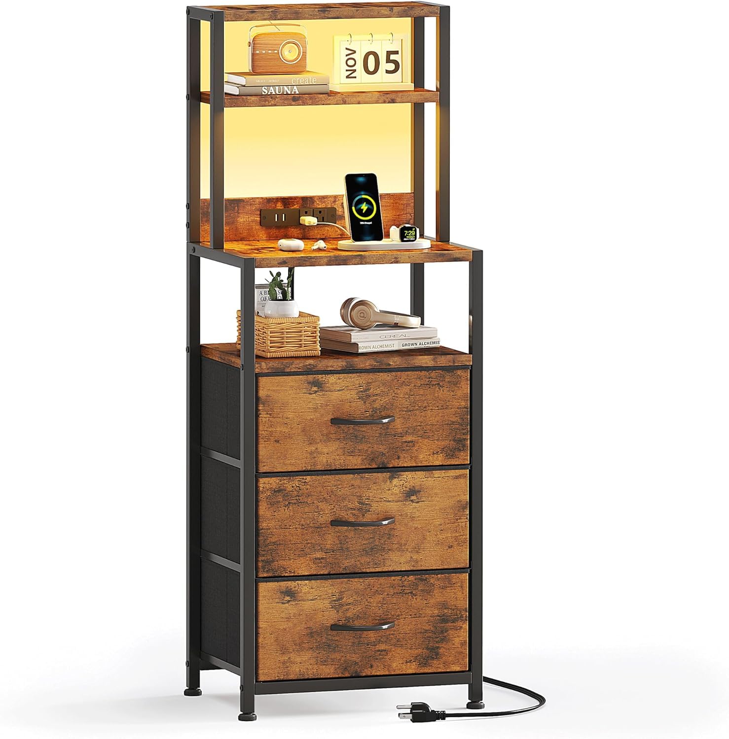 VERMESS Bedside Table with Charging Station and LED light, Tall Nightstand with 3 Fabric Drawers, Chest of Drawers for Bedroom, Living Room, Hallway (Vintage)