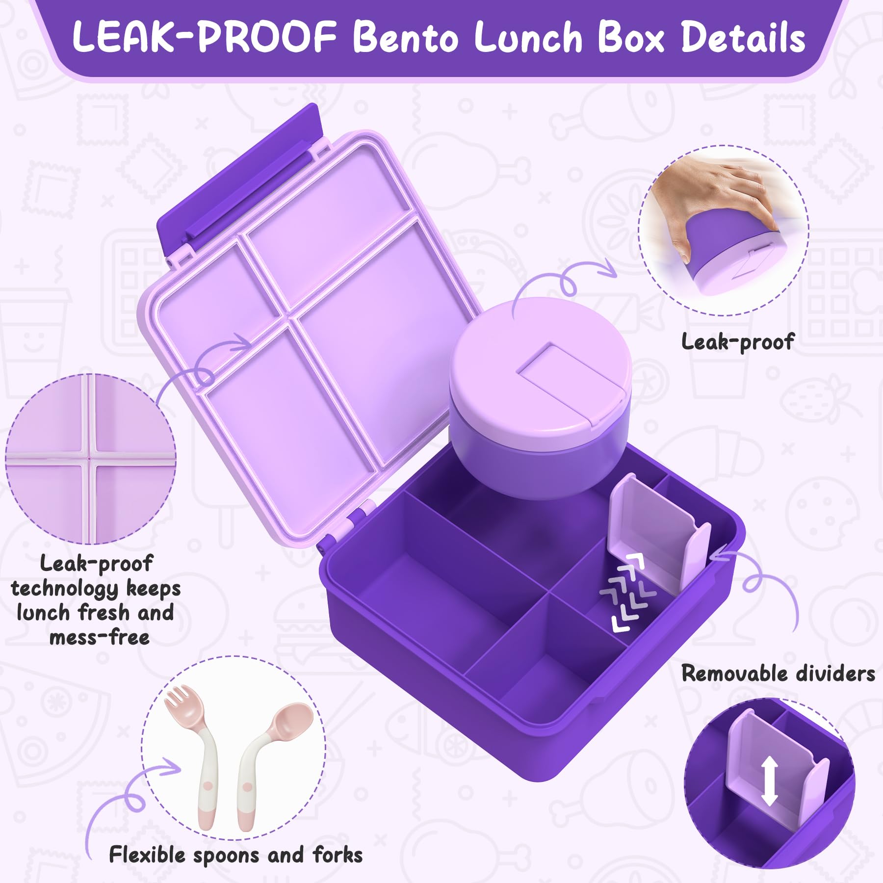 Set Pranzo Bento Per Bambini Con Thermos 283g E 4 Scomparti - Contenitore A Prova Di Perdite Con Vaschetta Isotermica - Ideale Per Scuola E Uscite (Dinosauro)
