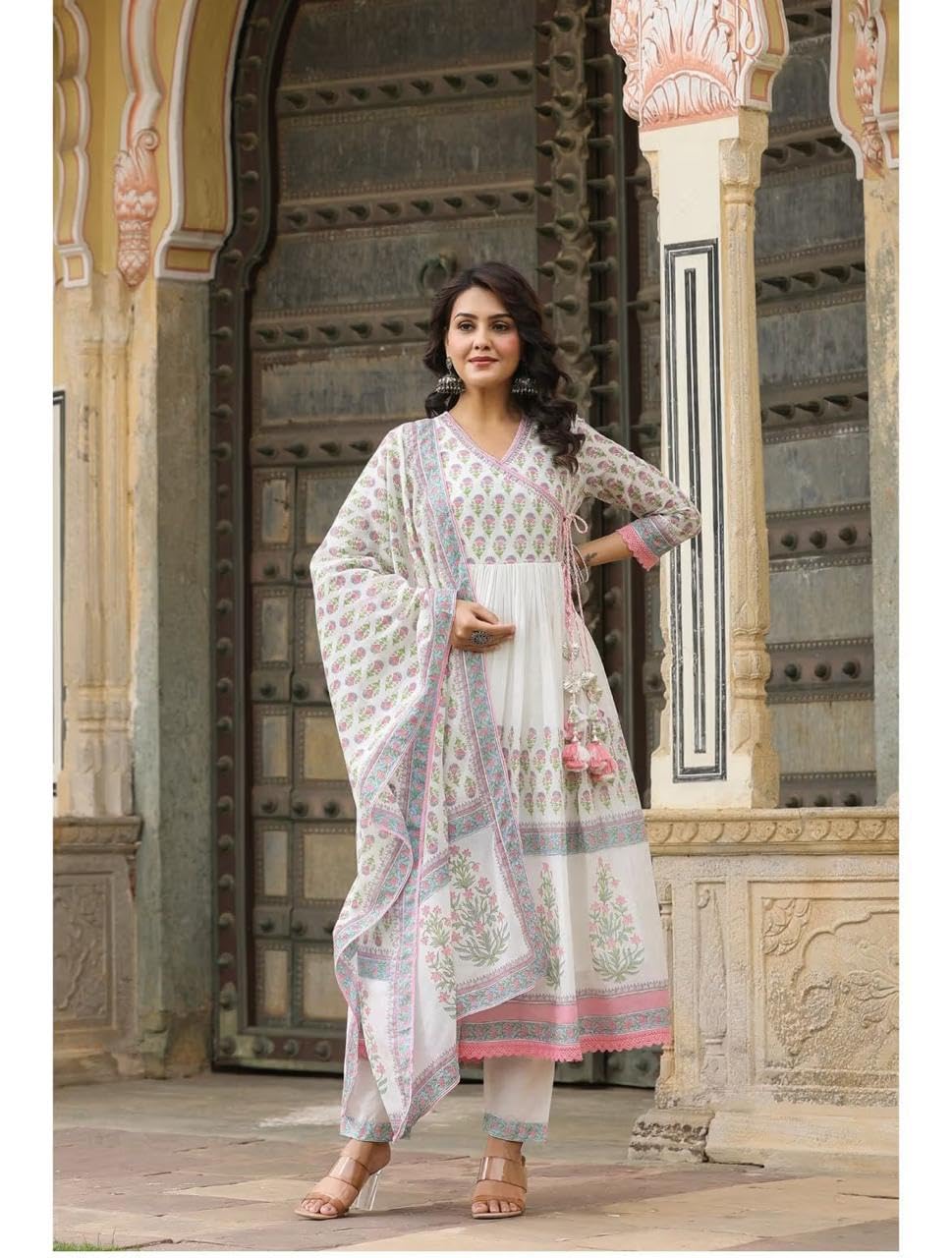 RangMahal indyjskie damskie spodnie z czystej bawełny haftowane Anarkali Kurta Tussle Dupatta zestaw
