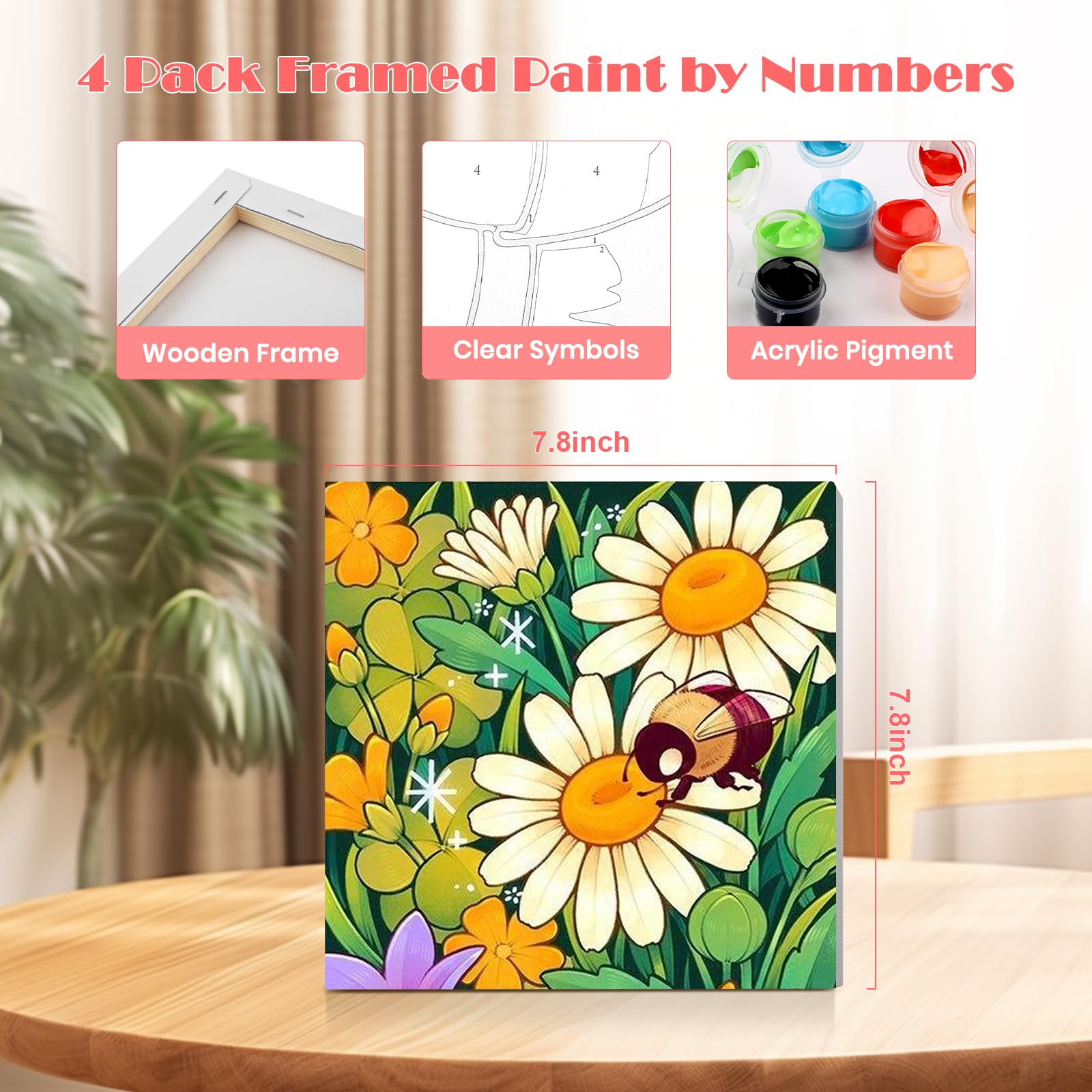 MISCER 4 Lienzos De Flor Para Pintar Por Números Con Marco De 20x20 Cm – Kit Para Adultos Y Niños