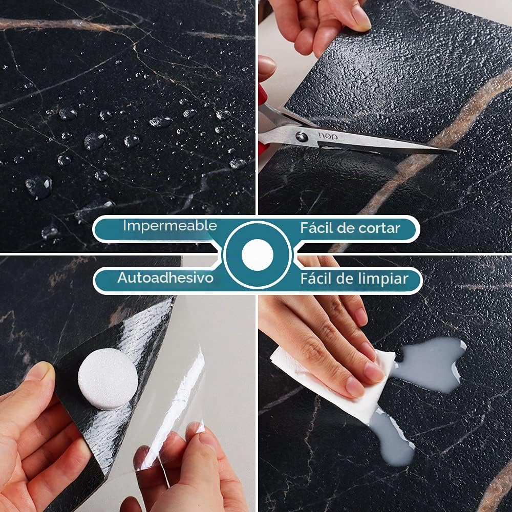 VEELIKE Suelo Vinilo Autoadhesivo Efecto Marmol Vinilos Cocina Azulejos Negro Suelos de Vinilo Adhesivos para Suelos Baño Vinilo Suelo Garaje Baldosas Adhesivas Suelo Salon 1.5mm 30cm×30cm 24 Piezas