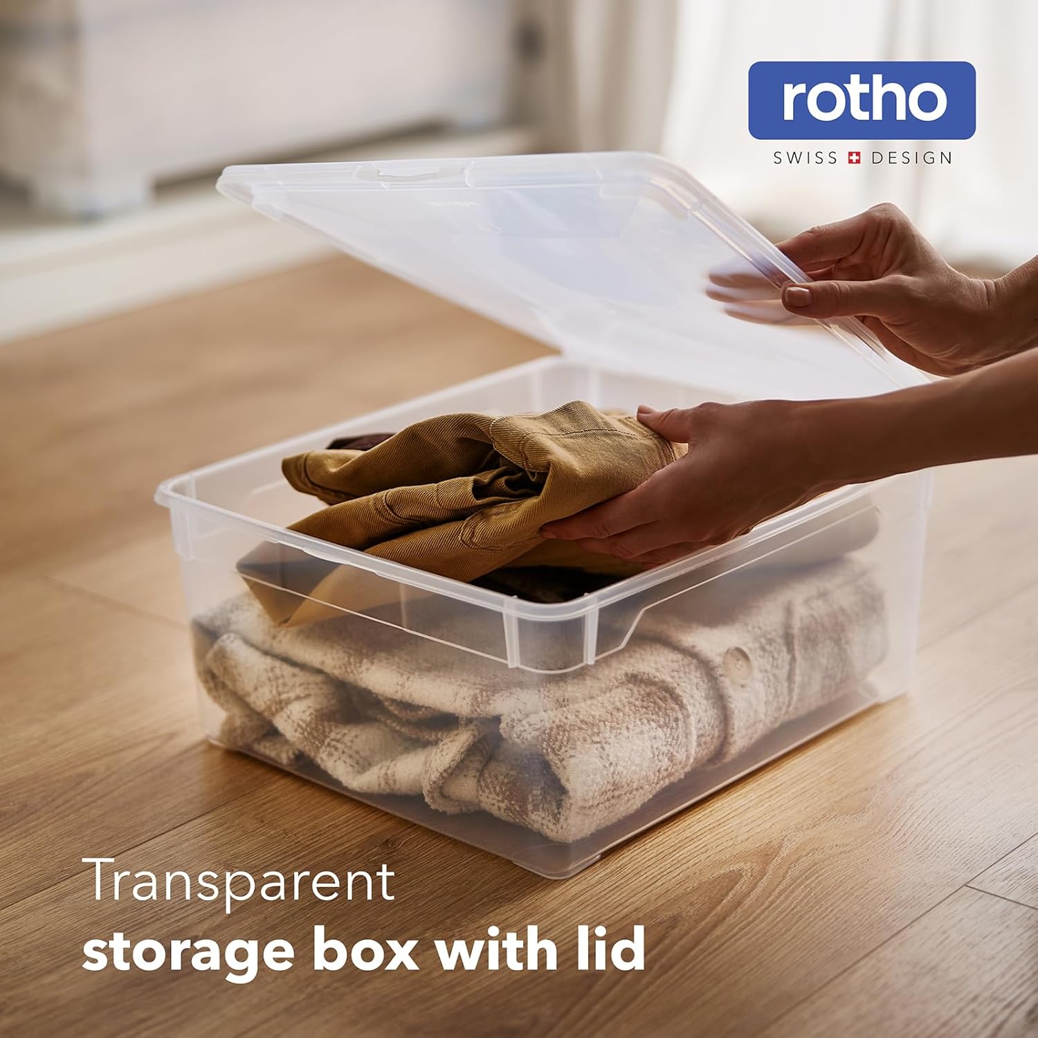Rotho Clear Box Set of 4 Storage Boxes 18 L with Lid, Space-Saving Stackable 40 x 33.5 x 17 cm, Transparent Blue