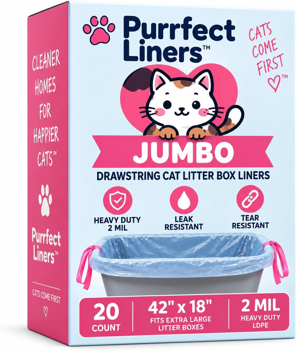 Jumbo Drawstring Cat Litter Box Liners — 20 Count, 42x18in, Extra Thick 2 Mil, Heavy-Duty, Leak-Proof, Tear-Resistant