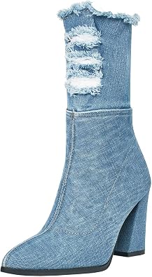 Agodor Womens Denim Ankle Boots Pointed Toe Chunky High Heel Booties with Zipper US 9.5, short light blue