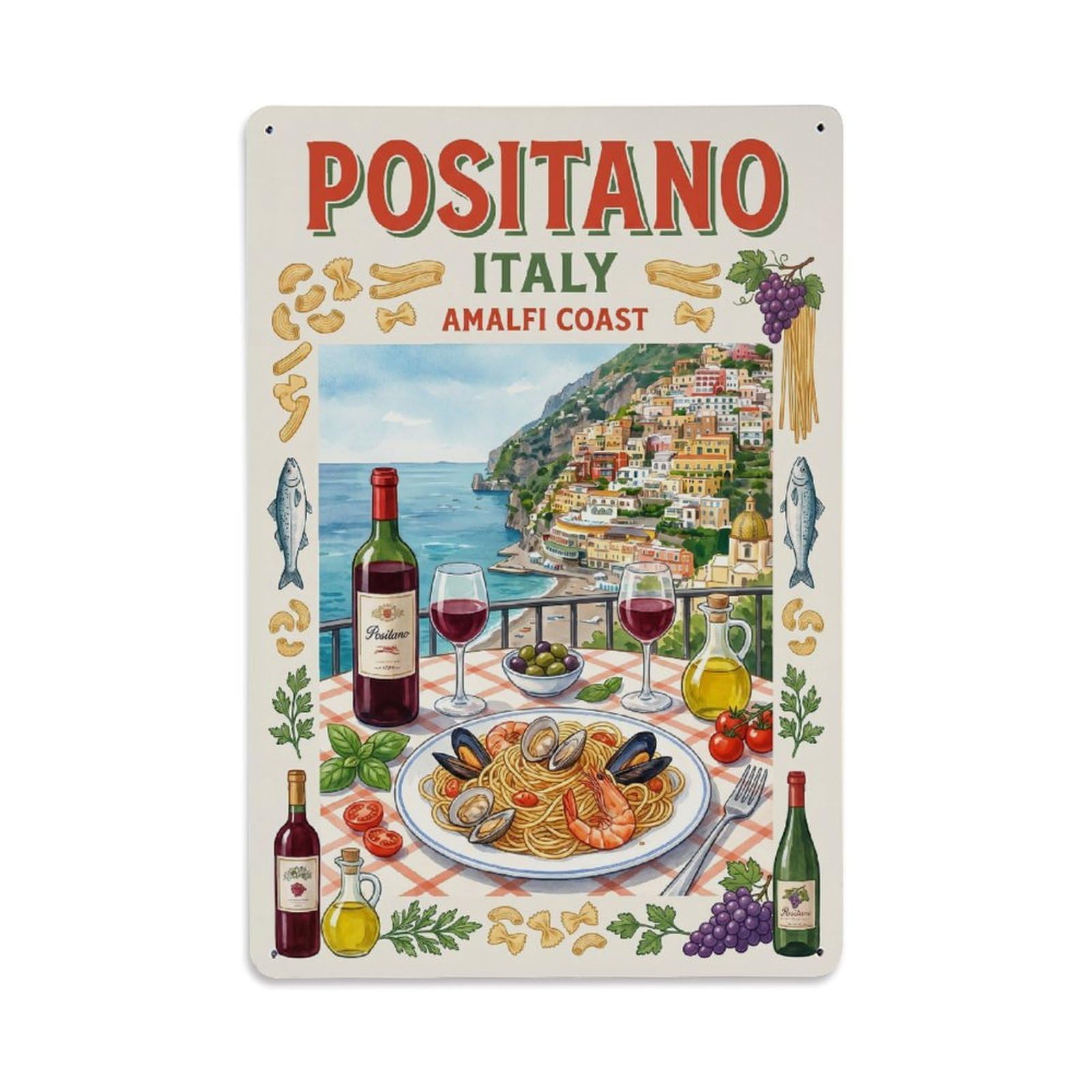 Vintage Travel Positano Italy Gale Metal Tin Sign Plaque Wall Decor for Cafe, Club Bar, Office, Garden Metal Poster 8x12Inch