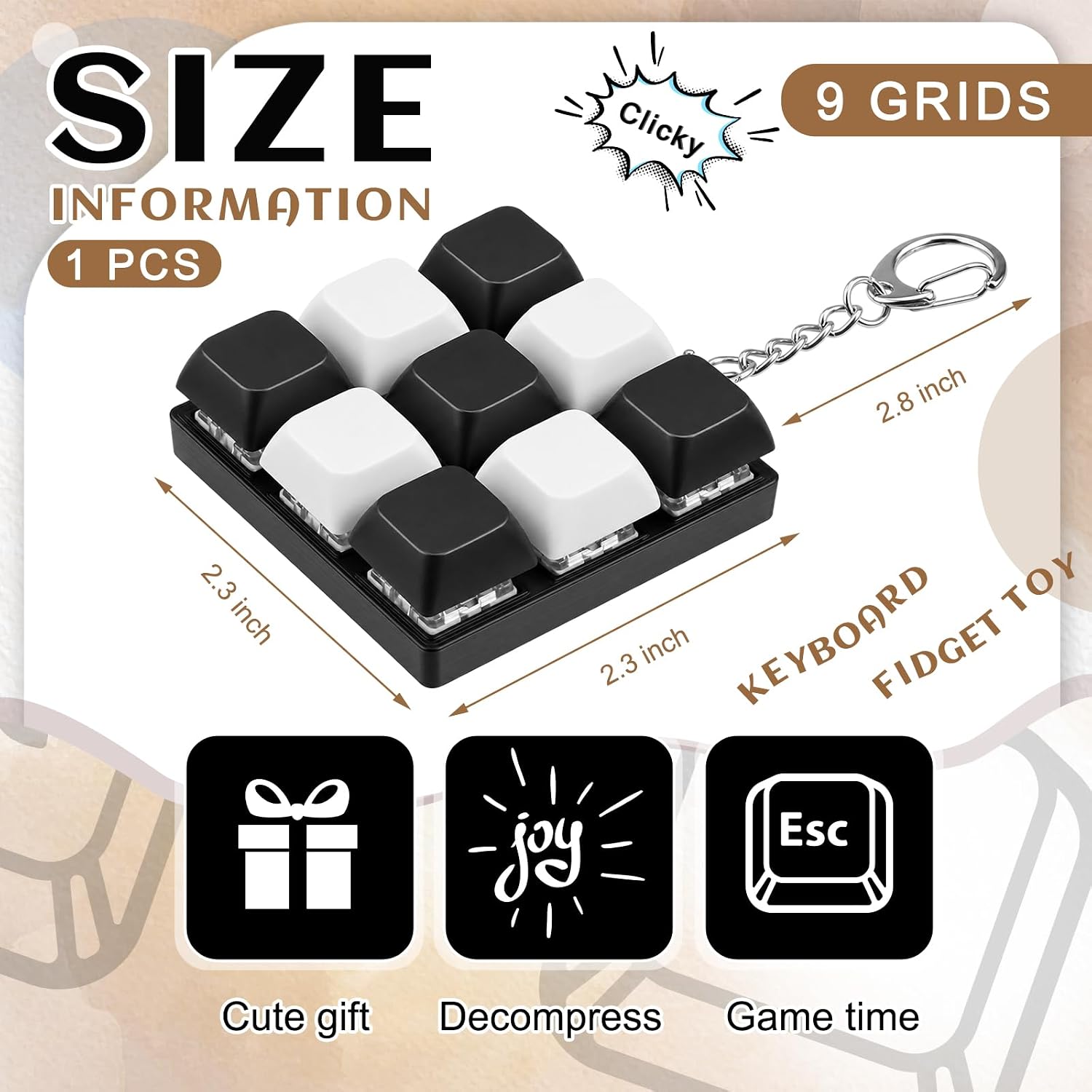 Taiyin 1 Pcs Keyboard Fidget Clicker Keychain Toy,Black White Style image 2