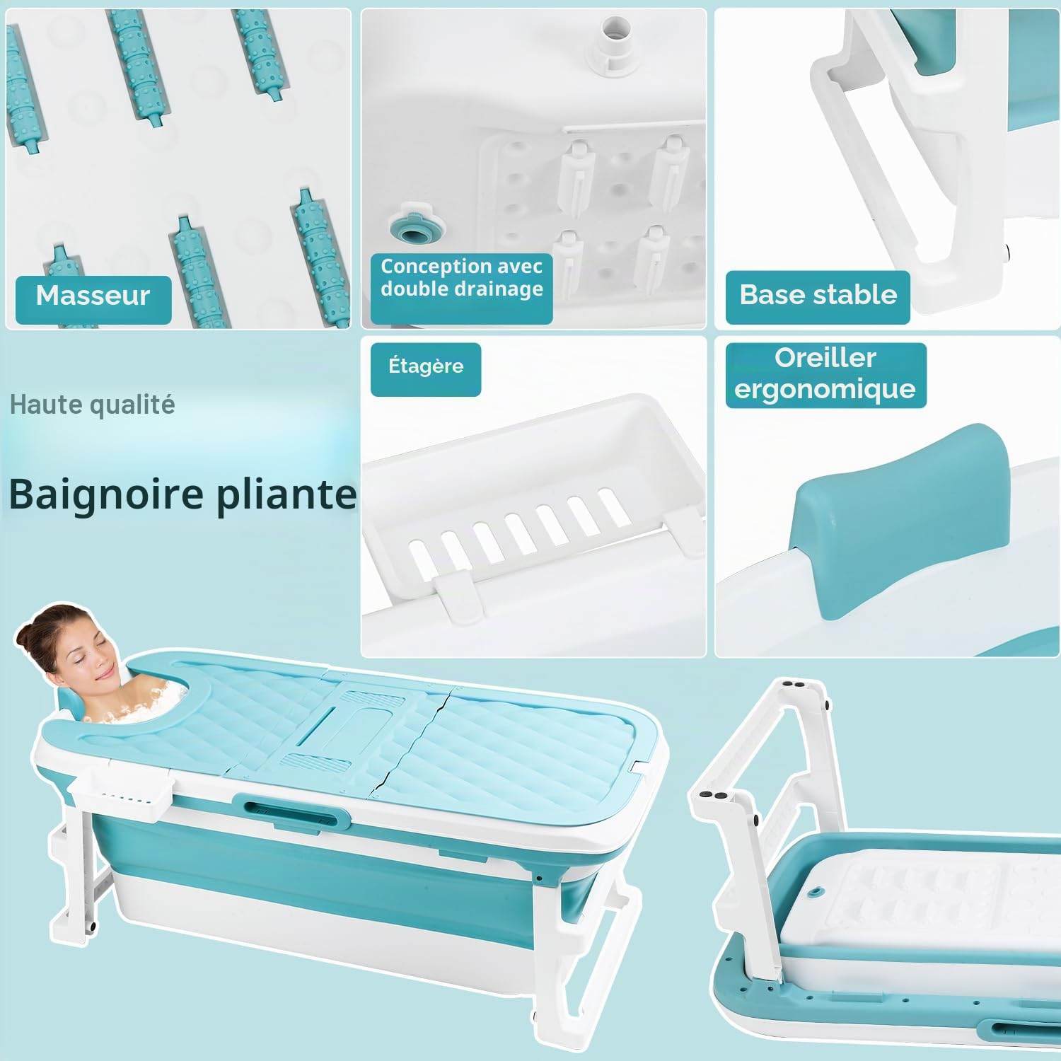 Baignoire pliable pour adulte - 149 x 60 x 50 cm - Portable - Baignoire mobile pliable avec couvercle et rouleaux de massage - Panier à savon - Pour salle de bain et douche - Bleu