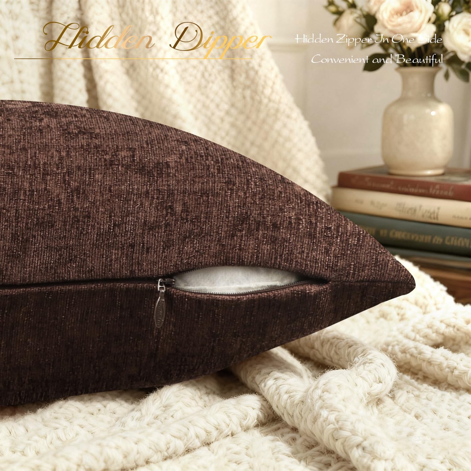 BRAWARM Throw Pillow Covers 16x16 Inches - Coffee Chenille Pillow Covers Pack of 2, Solid Dyed Soft Chenille Pillow Cases for Couch Sofa Bed Home Decoration - Image 5