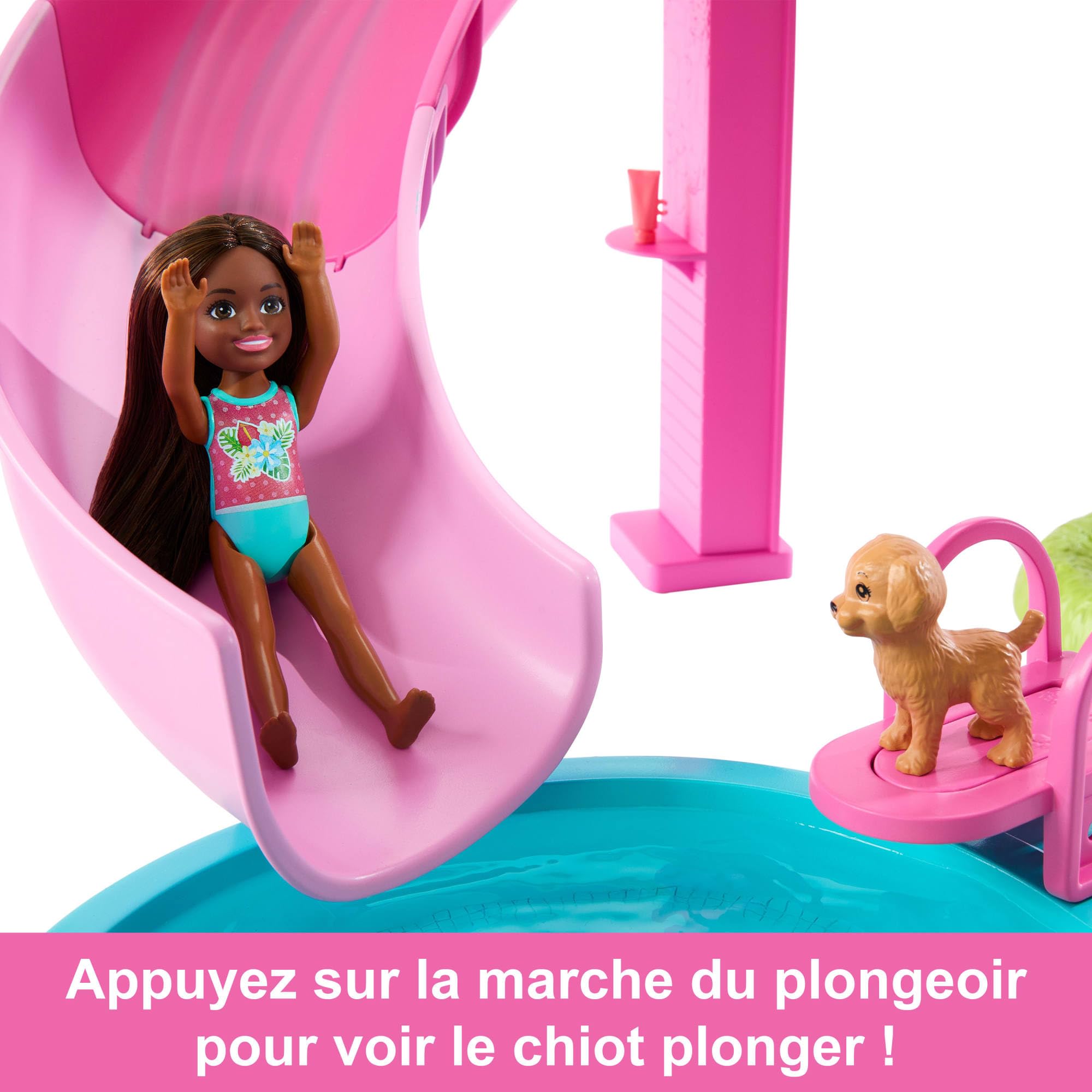 Barbie Coffret Piscine de Rêve avec 6 espaces de Jeu, Dont Un Toboggan et Un Jacuzzi, Plus de 20 Accessoires Dont Un Animal de Compagnie, des bouées et Bien Plus Encore, JKG83