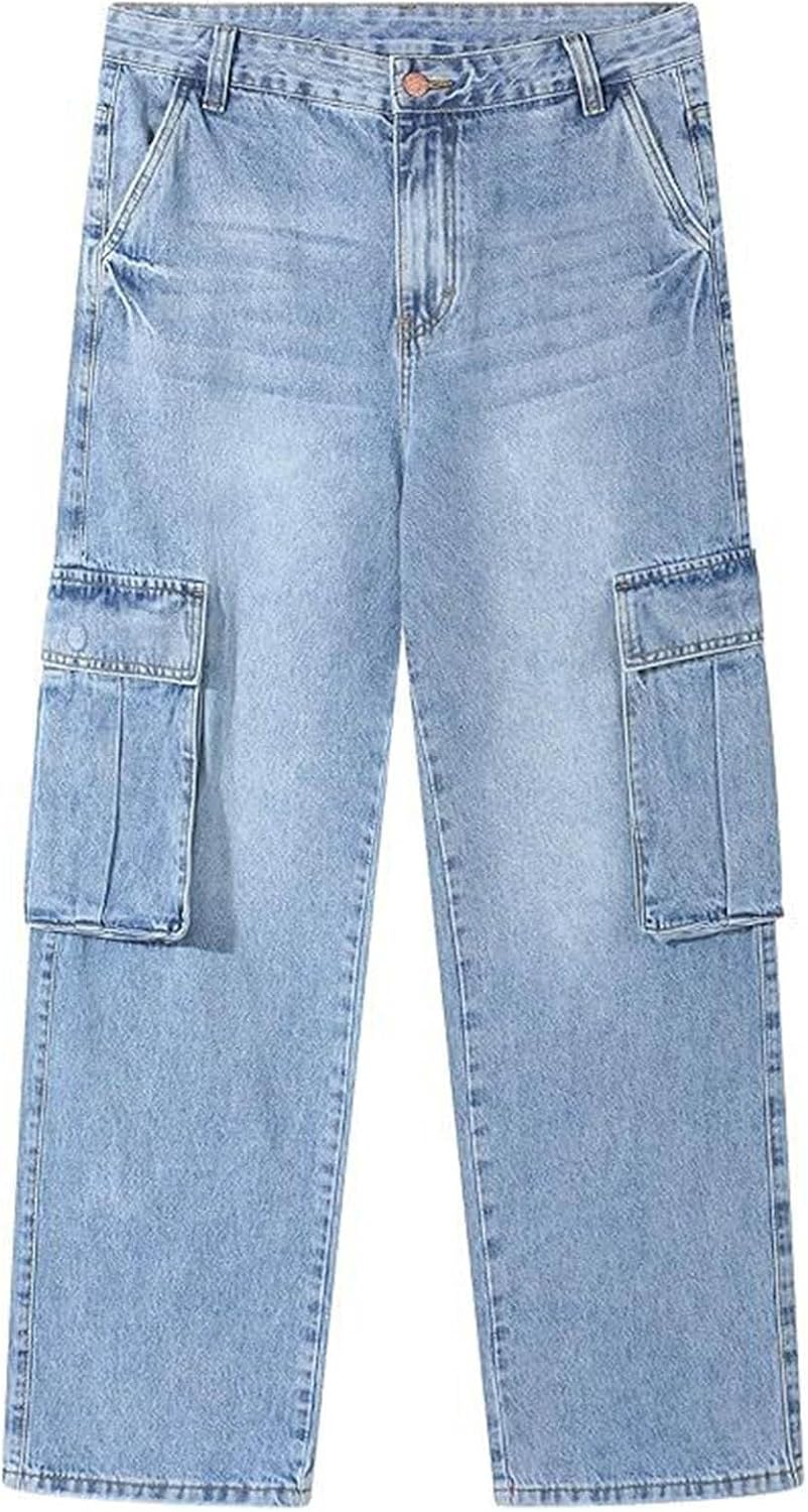 Mens Denim Cargo Pants Baggy Straight Leg Casual Trousers | Baggy Loose Fit, Button Front Waistband, Leisure Trousers, Crisp Textural Visual Look, Spring Fall Weekend Outing