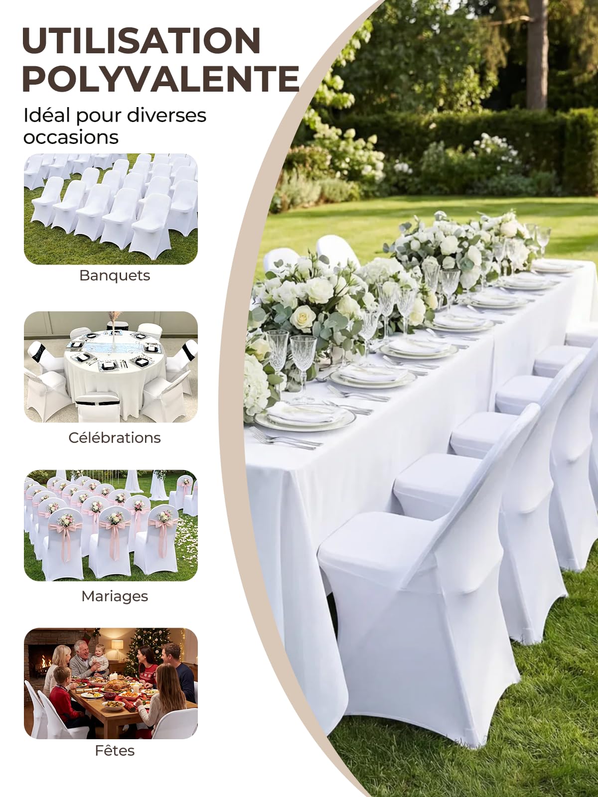 Housses de Chaise Pliantes Extensibles 50 Pièces, Blanches en Polyester et Élasthanne, pour Chaises sans Bras, Amovibles et Lavables, Idéales pour Mariage, Banquet, Fête, Célébration, Salle à Manger