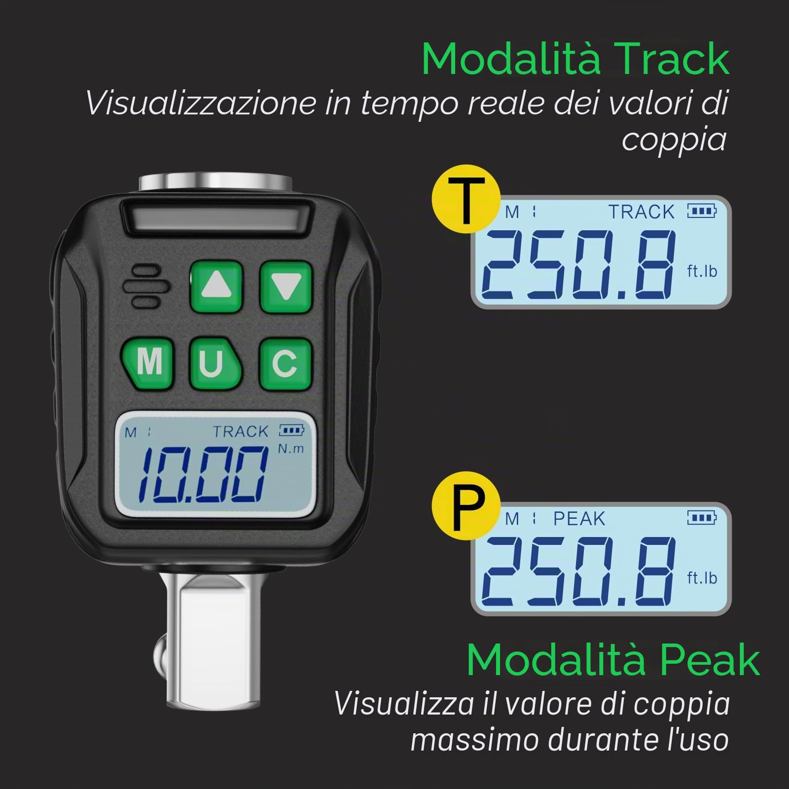 1/2" Dinamometro Digitale, Adattatore Chiave Dinamometrica Digitale, Chiave Dinamometrica, Preimpostata, Archivio Dati, Buzzer e Notifica LED, Adattatori da 1/4" 3/8" (1/2", 10-200 Nm)