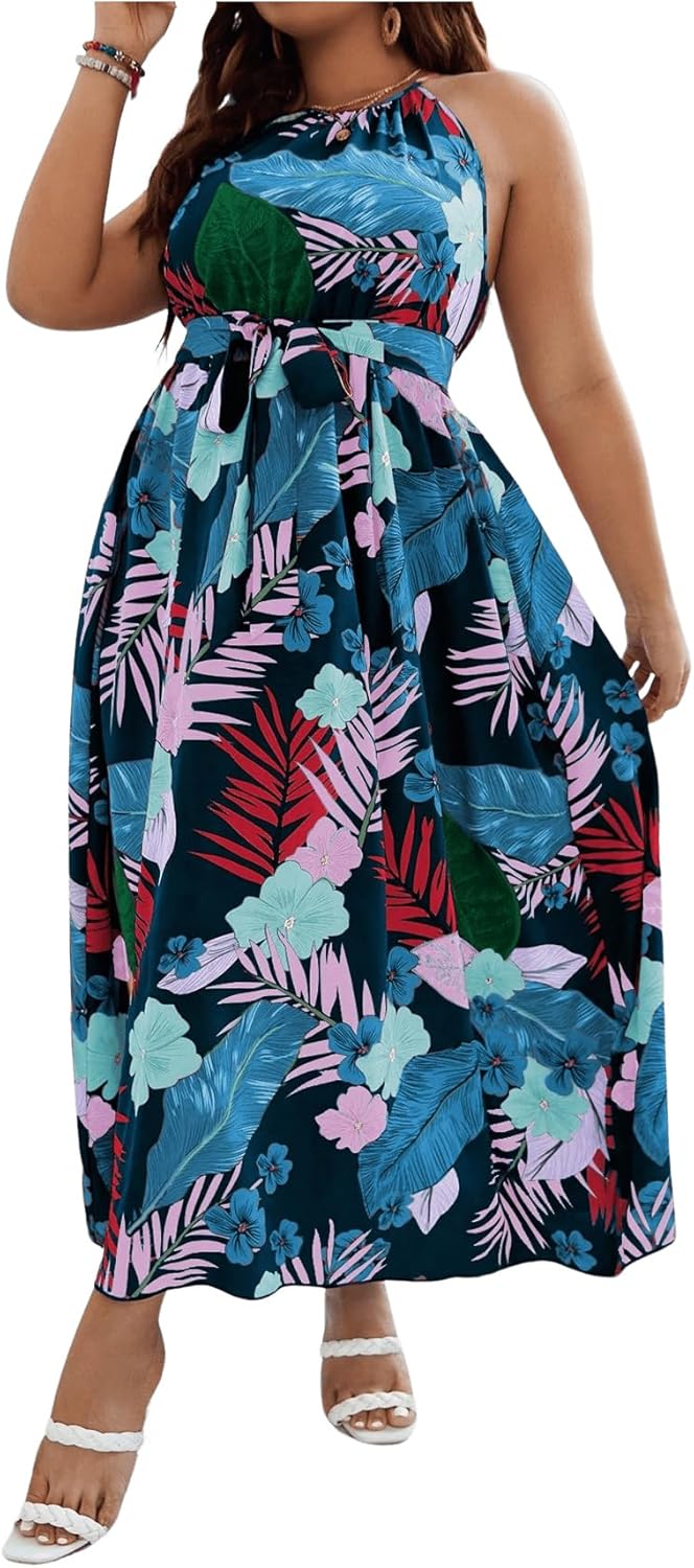 Floerns Women's Plus Size Boho Sleeveless Halter Neck Tie Back A Line Long Dress - Image 4