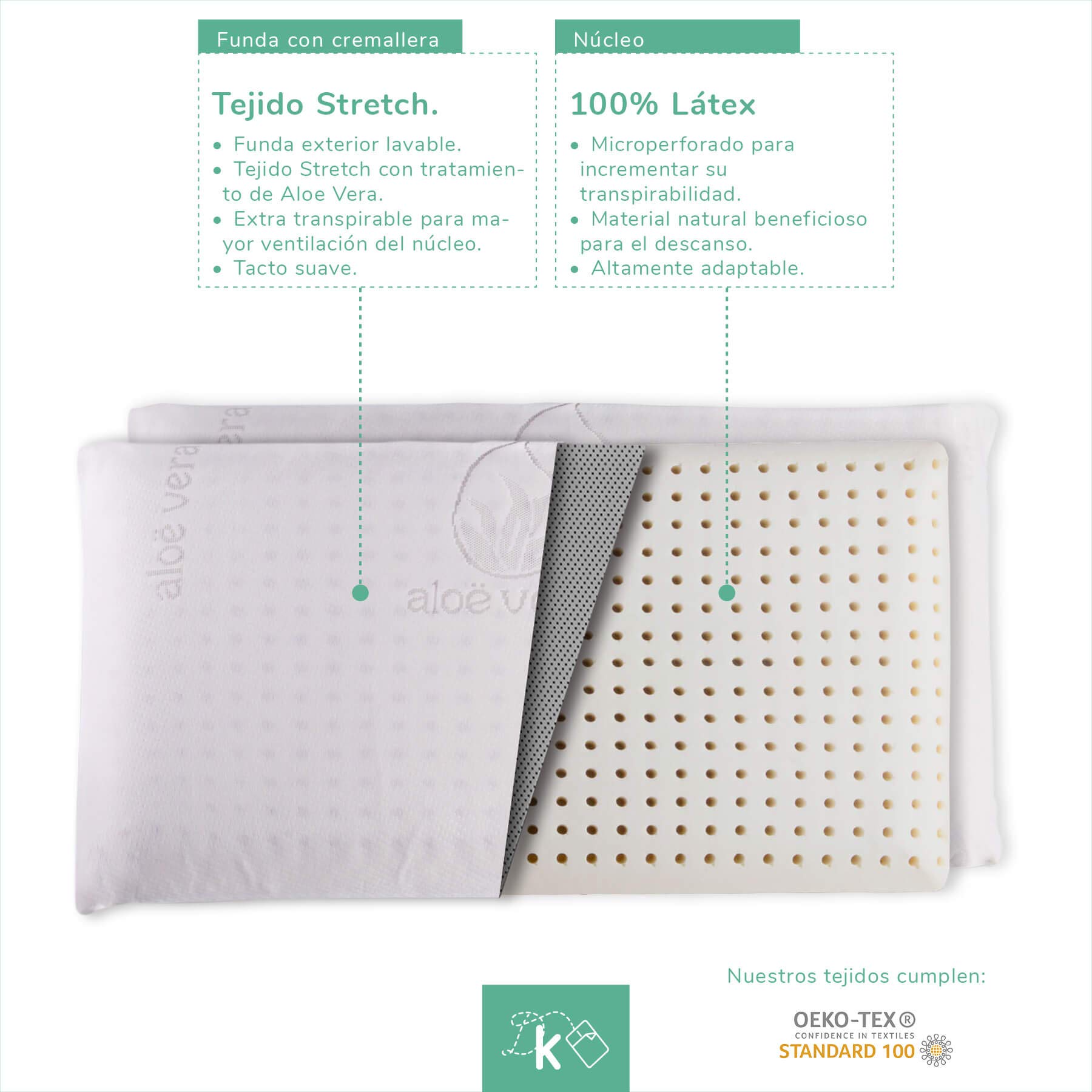 Dreaming Kamahaus Almohada núcleo Látex 80cm | Núcleo 100% LÁTEX | Microperforado | Descanso Natural | Funda Stretch Aloe Vera | Gran Confort |