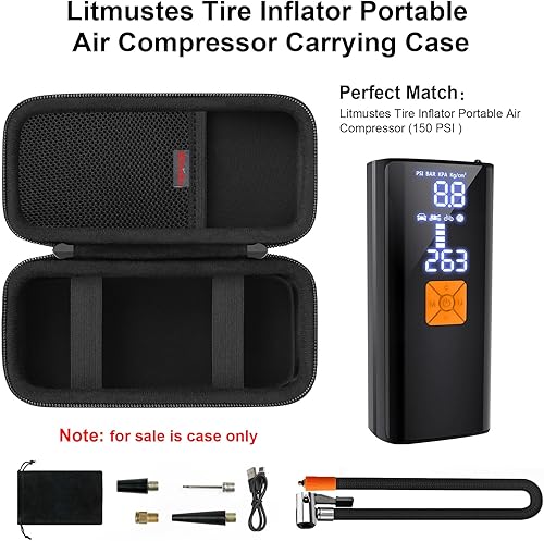 Miniatura 9 de Estuche de transporte para inflador de neumáticos Litmustes, compresor de aire portátil, bomba de neumáticos inalámbrica de 150 PSI con manómetro y