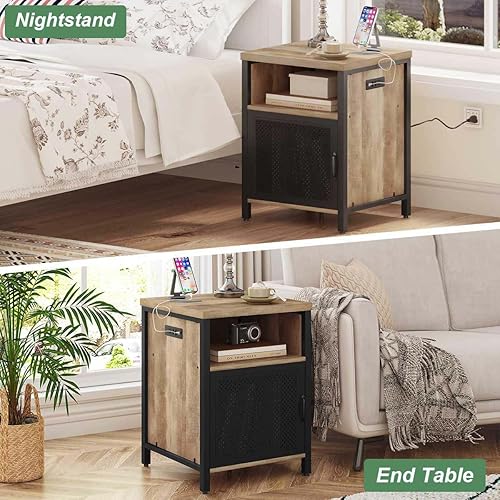 Miniatura 7 de FATORRI Mesa auxiliar con almacenamiento, mesa auxiliar rústica para sala de estar, mesitas de noche estrechas de madera y metal con puerta (roble