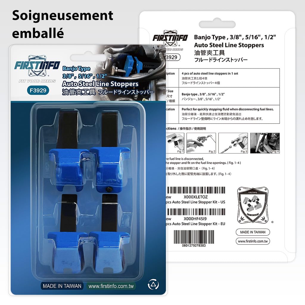 FIRSTINFO Kit de Pinces de Blocage pour Conduites de Frein et Carburant, 4 Pièces pour Tuyaux Acier 3/8", 5/16" et 1/2", Outil de Maintenance Automobile F3929