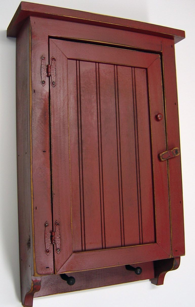 HCBR Cabinet Primitive Country Rustic Wood Beadboard Face with Pegs Barn Red