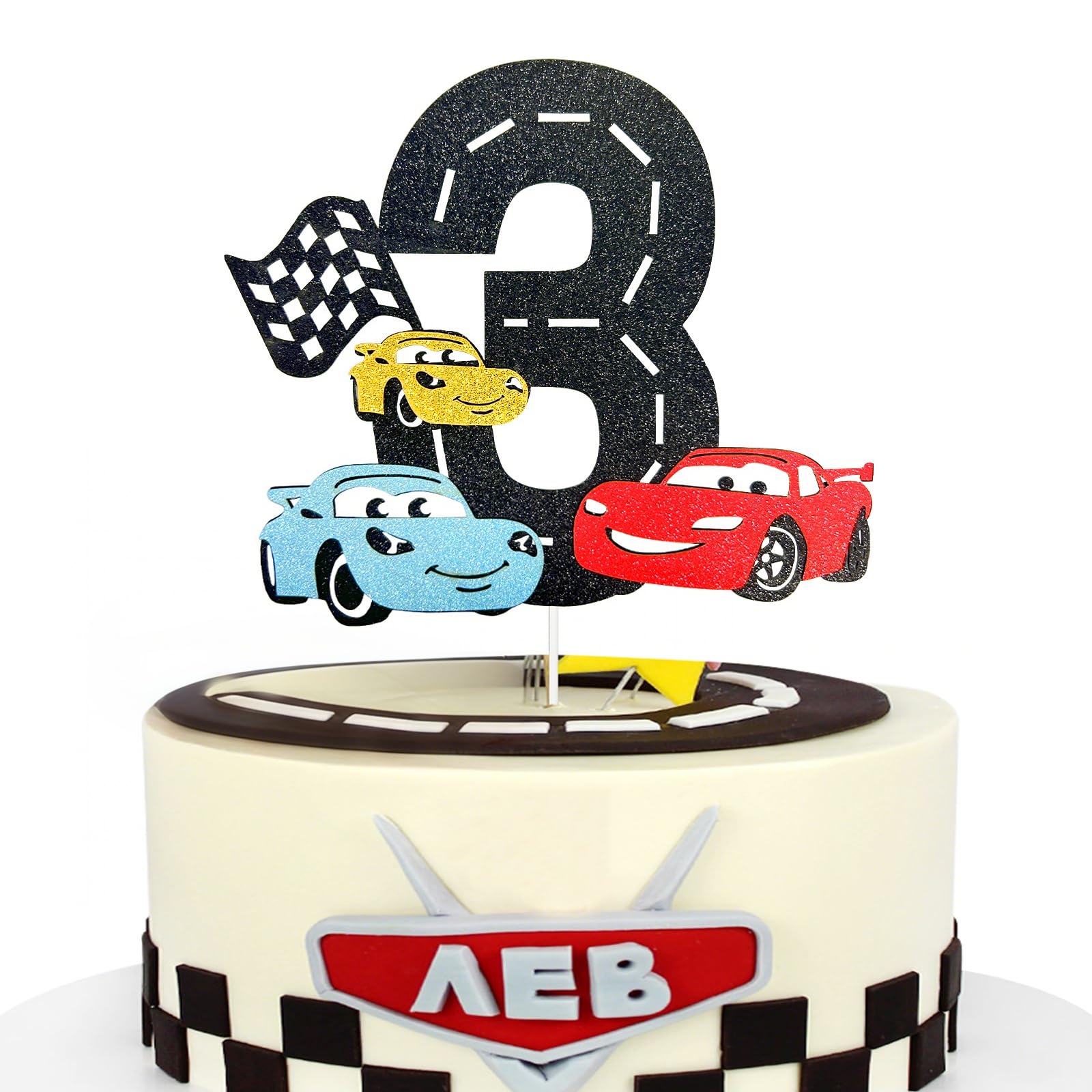 MEMOVAN Race Car 3rd Cake Topper 3th Racing Car Birthday Cake Topper Decoration for Racing Car Checkered Flag Themed Girl Boy 3 Years Birthday Party Supplies Double Sided