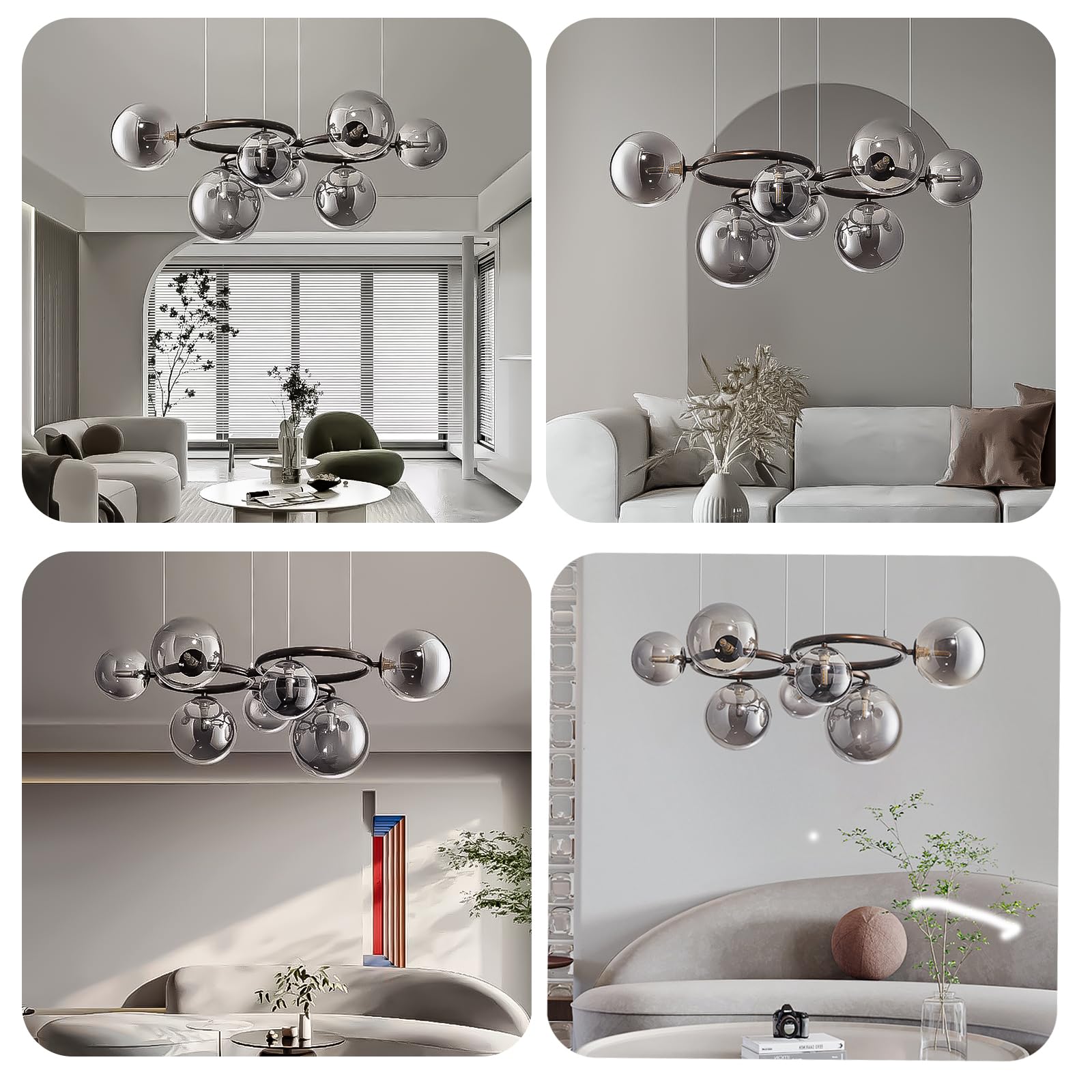 lamp Lampadario in vetro fumé a 7 teste con lampadari anulari a 3 anelli for soffitti alti paralume Magic Bean moderno di metà secolo for sala da pranzo/soggiorno/camera letto/cucina (nero) lampada